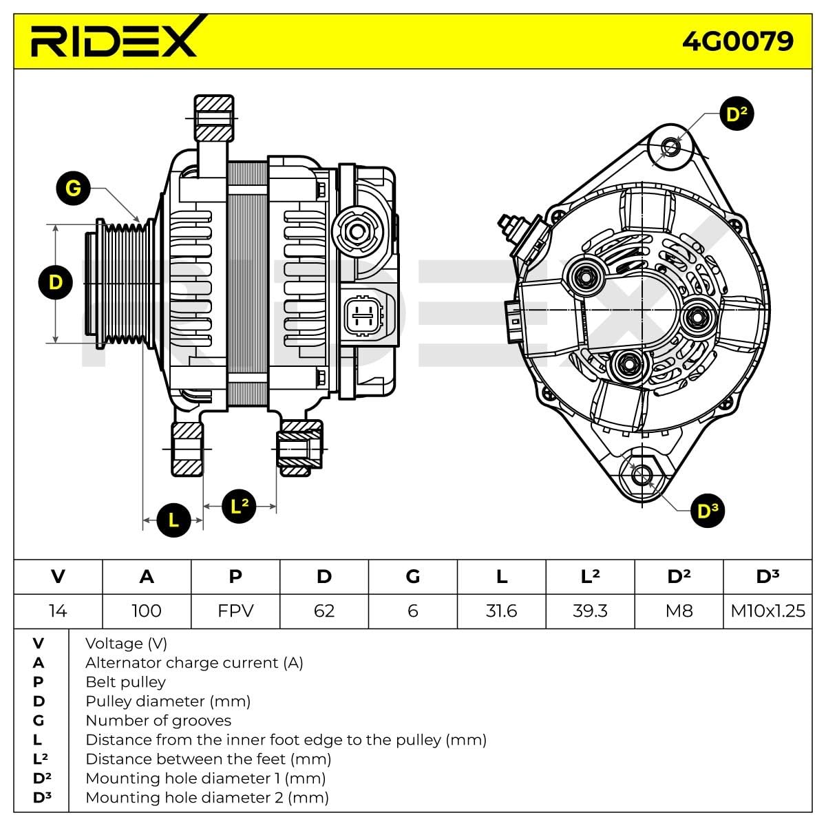 RIDEX 4G0079 Alternatore Compatibilità con TOYOTA AURIS NRE15, ZZE15, ADE15, ZRE15, NDE15