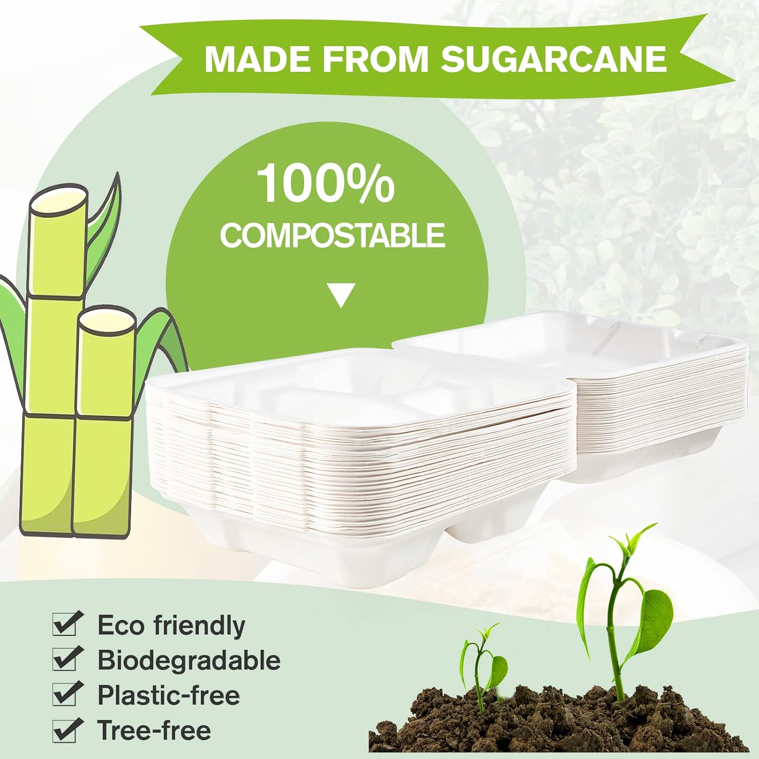 ECOLipak 100% Compostable 9 inch Paper Plates and 8 inch 3 Compartment Take Out Food Containers