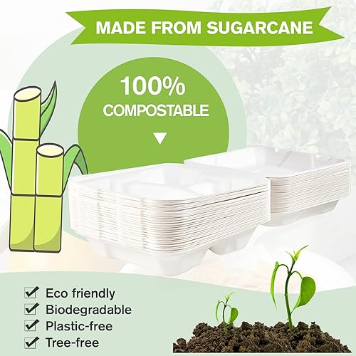 Miniatura 2 de ECOLipak Paquete de 50 recipientes de comida para llevar, 100% compostables, desechables, para llevar, 8 x 8 pulgadas, 3 compartimentos resistentes