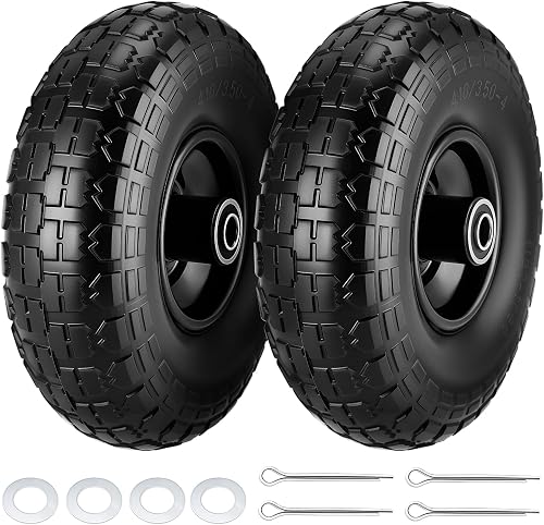 2 Pcs 4.10/3.50-4" Tire and Wheel Flat Free, 10 Inch Solid Rubber Tires with 5/8" Axle Bore Hole, 2.2" Offset Hub for Hand Truck, Wheelbarrow, Gorilla Cart, Garden Wagon Cart, Dolly, Utility Cart