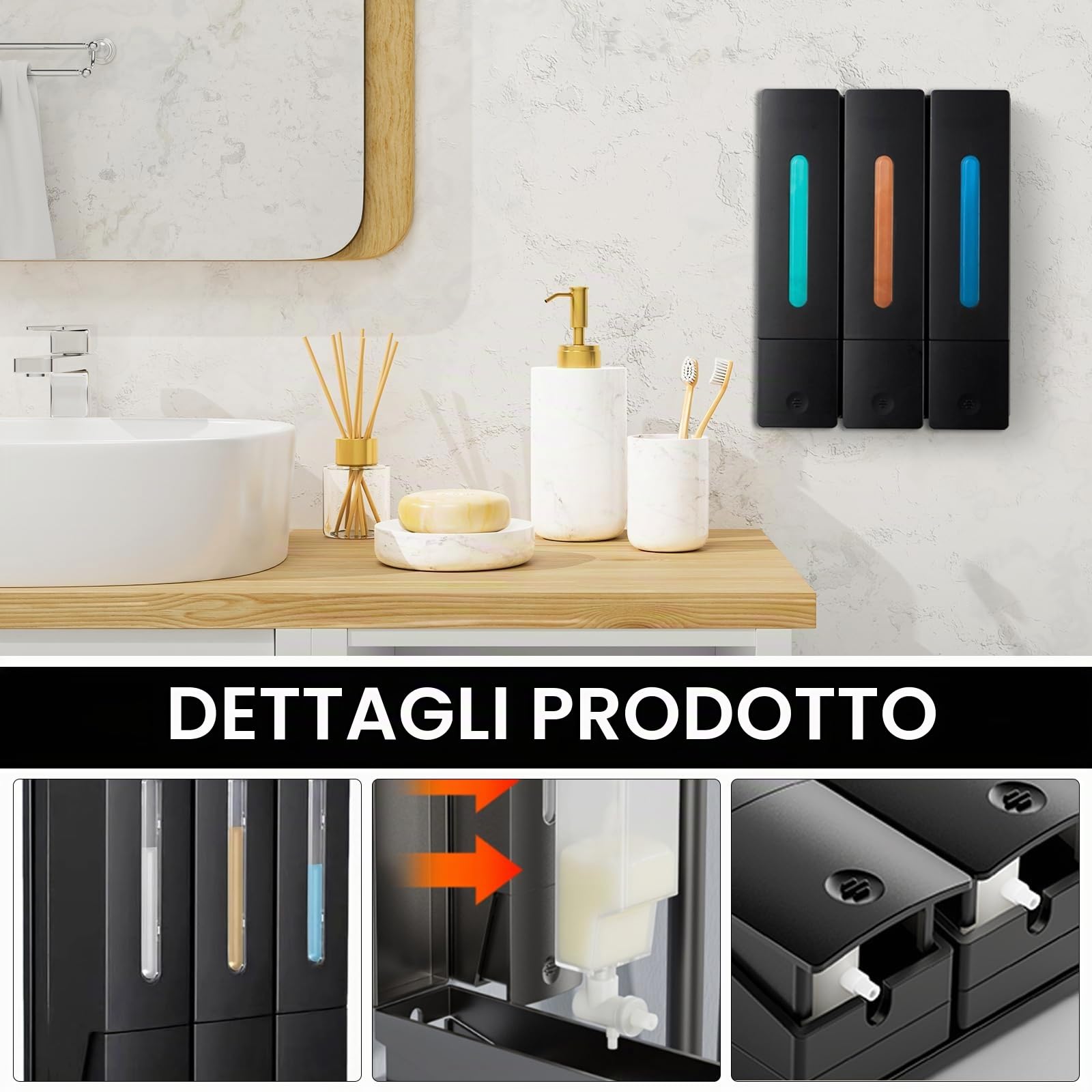 Dispenser Di Sapone, 3 Scomparti Dispenser Di Sapone Per Doccia Dispenser Di Shampoo Di Detersivo Per Piatti Montaggio A Parete Senza Fori Grande Capacità Per Cucina Bagno Hotel - 400ML*3