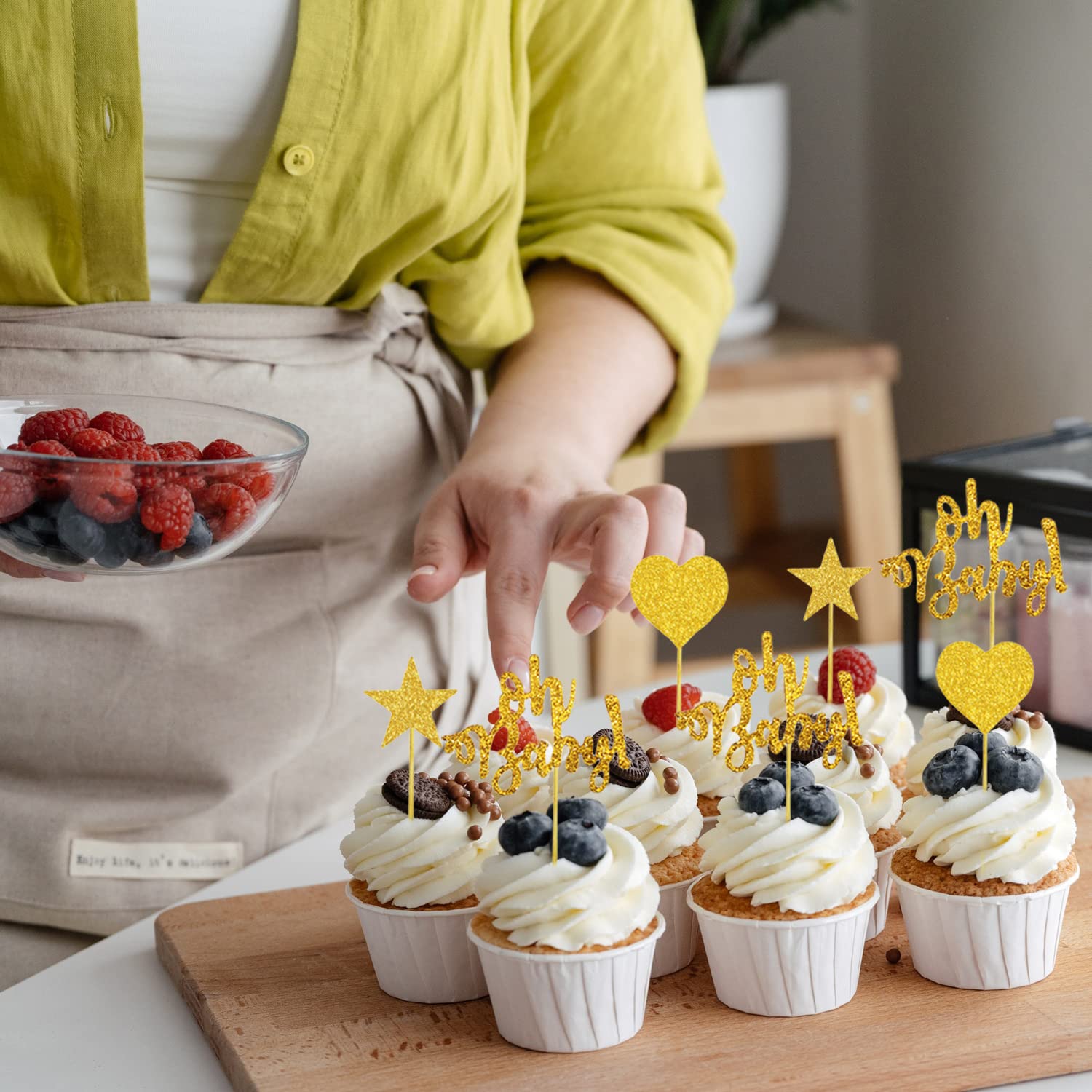 33 Stück Glitter Cupcake Toppers 'Oh Baby' Gold - Deko Für Babyparty, Baby Shower, Geburtstag Mit Herz & Stern Motiven