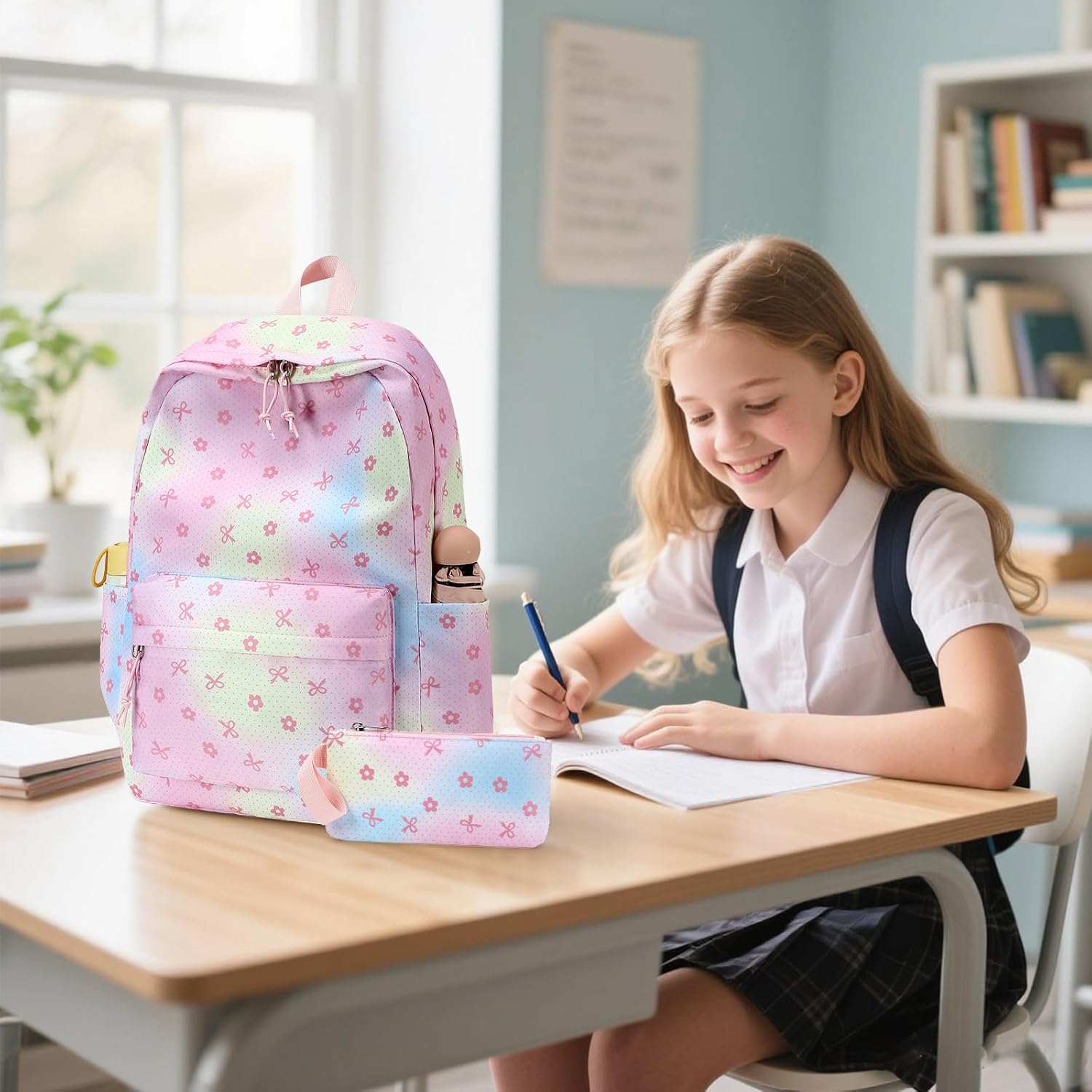 Bluboon Teen Girls School Backpack Kids Bookbag Set with Lunch Box Pencil Case Travel Laptop Backpack Casual Daypacks (Rainbow pink polka dots)