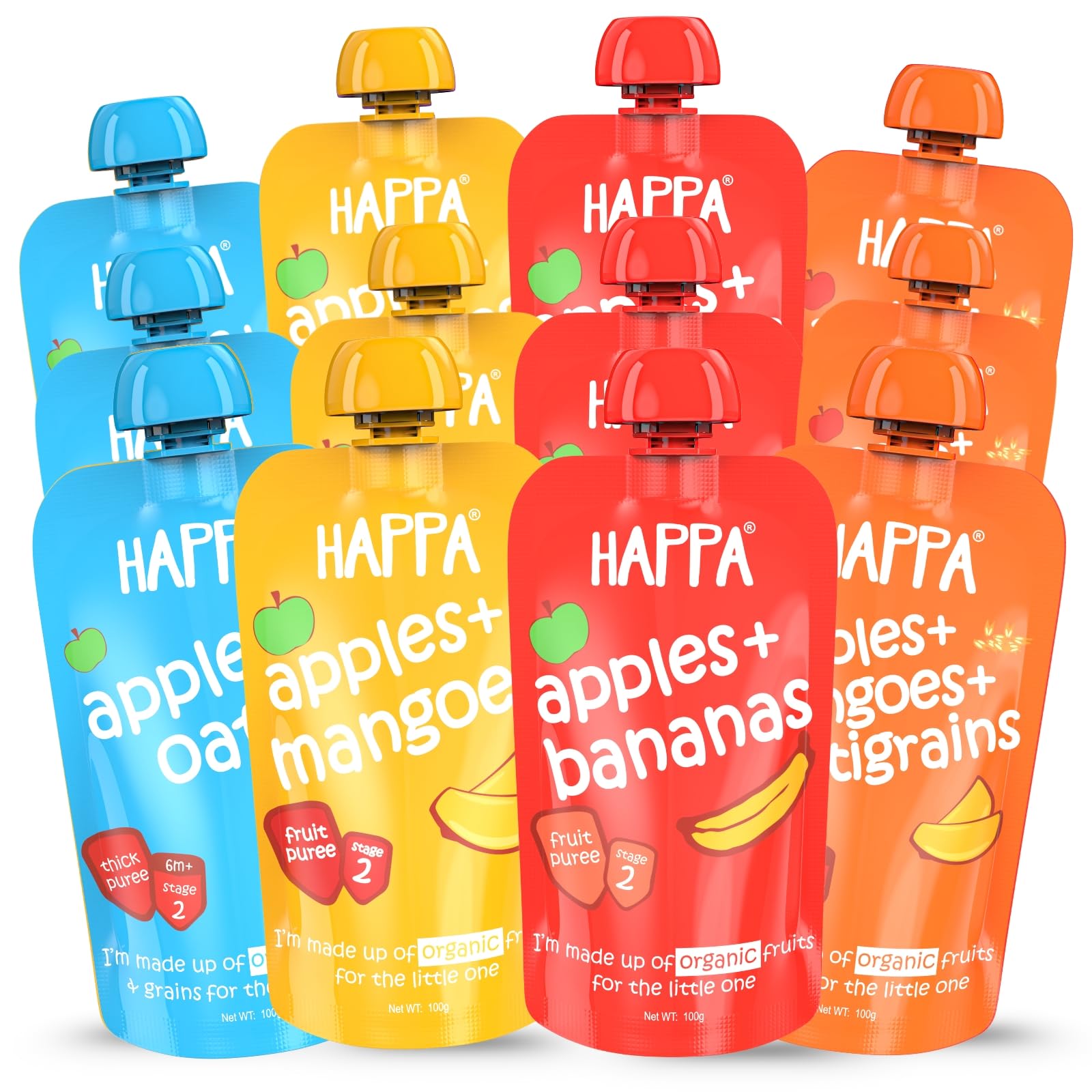 Happa Organic Food, Fruit Puree Stage 2 (Pack of 12, Apple + Mango, Apple + Mango + Multigrain, Apple + Banana, Apple + Oats)-image-43