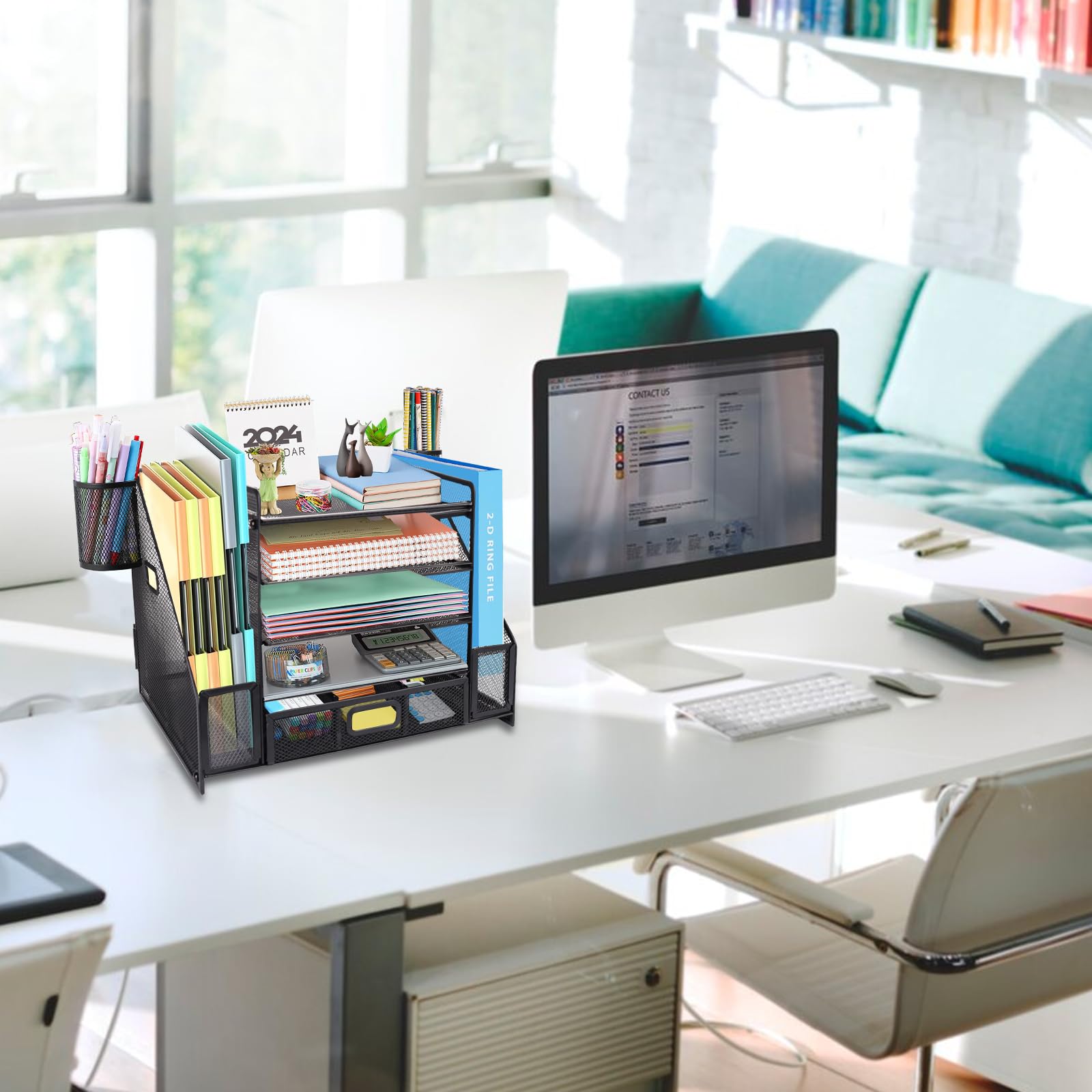 Organiseur de bureau en maille avec porte-fichiers, bac à courrier à 5 niveaux avec porte-magazines, organiseur de bureau et rangement pour fournitures de bureau, maison ou école, noir