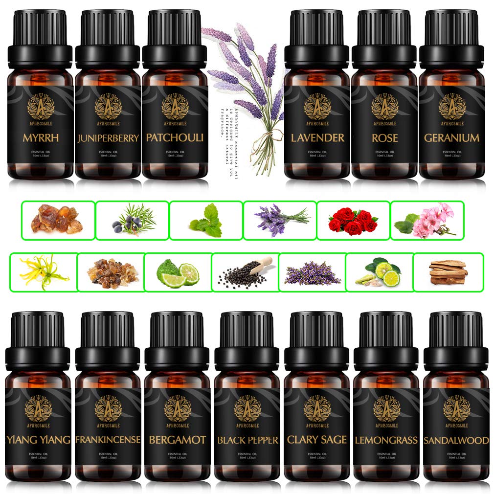 Aromaterapia pachulí aceites esenciales set para difusor, 13x10ml 100% puro aceite esencial Set-salvia,geranio,bayas de enebro,mirra, rosa,sándalo aceite etc,Aceite Essential Set