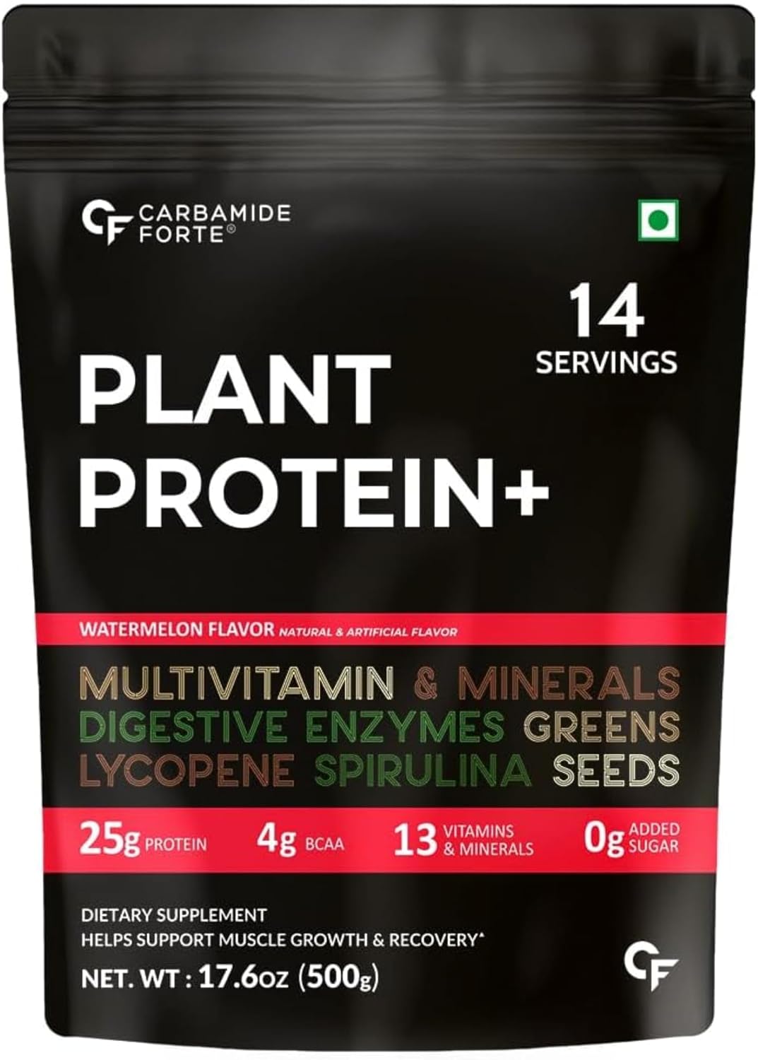 Carbamide Forte Vegan Protein Powder – Plant Based Pea Protein Powder with Multivitamin, Minerals, Superfoods, Digestive Enzymes – Watermelon Flavour – 500 Grams, 1 Scoop