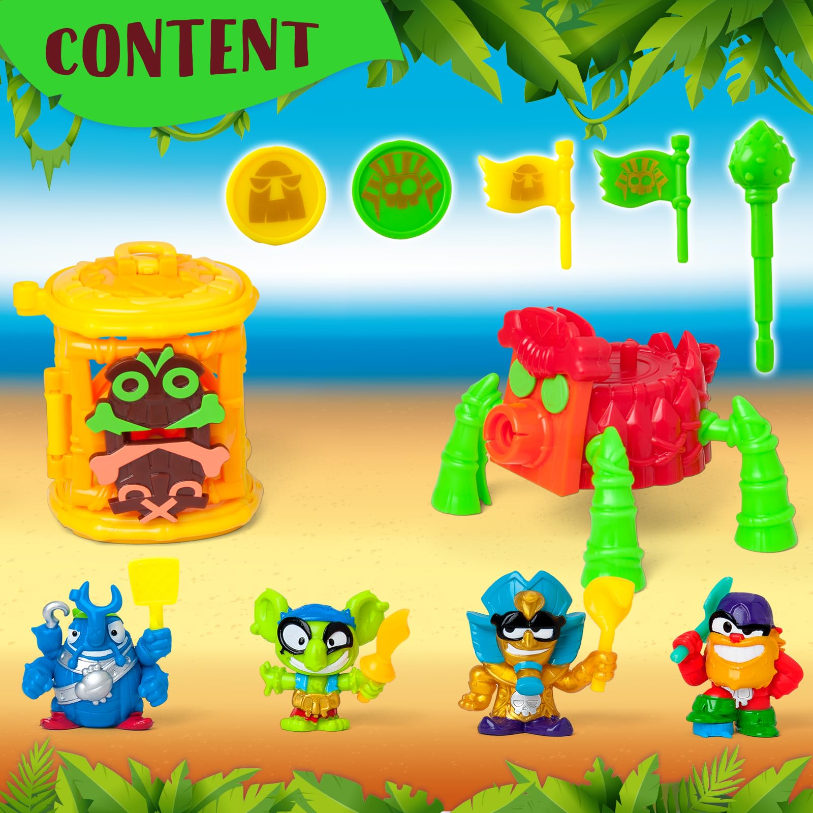 PIRATIX ADVENTURE WORLD Crazy Jungle Series, Captain Pack Pharaonix: 4 Piratix, 1 golden Captain, 4 neon accessories, 1 Cage - Image 2