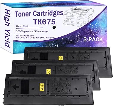 TK-675 TK675 Compatible Black Toner Cartridges for TK-675 TK675 TK-675K for TASKalfa 300i KM-2540 KM-2560 KM-3040 KM-3060 Printers, High Yeild Black 3 Pack