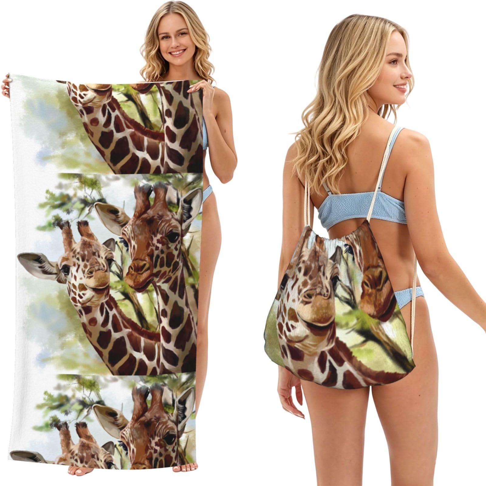 Poadnly As Picture Watercolor Deer Giraffe, 2 In 1 Packable Towel Bag, Beach Towels With Drawstring Backpack For Travel Holiday Camping