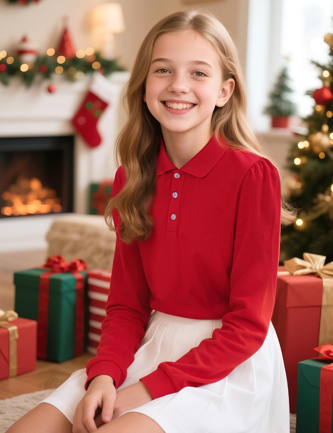 KEREDA Long Sleeve Uniform Shirts for Girls Cotton School Polo Shirts with Button for Kids - Image 3