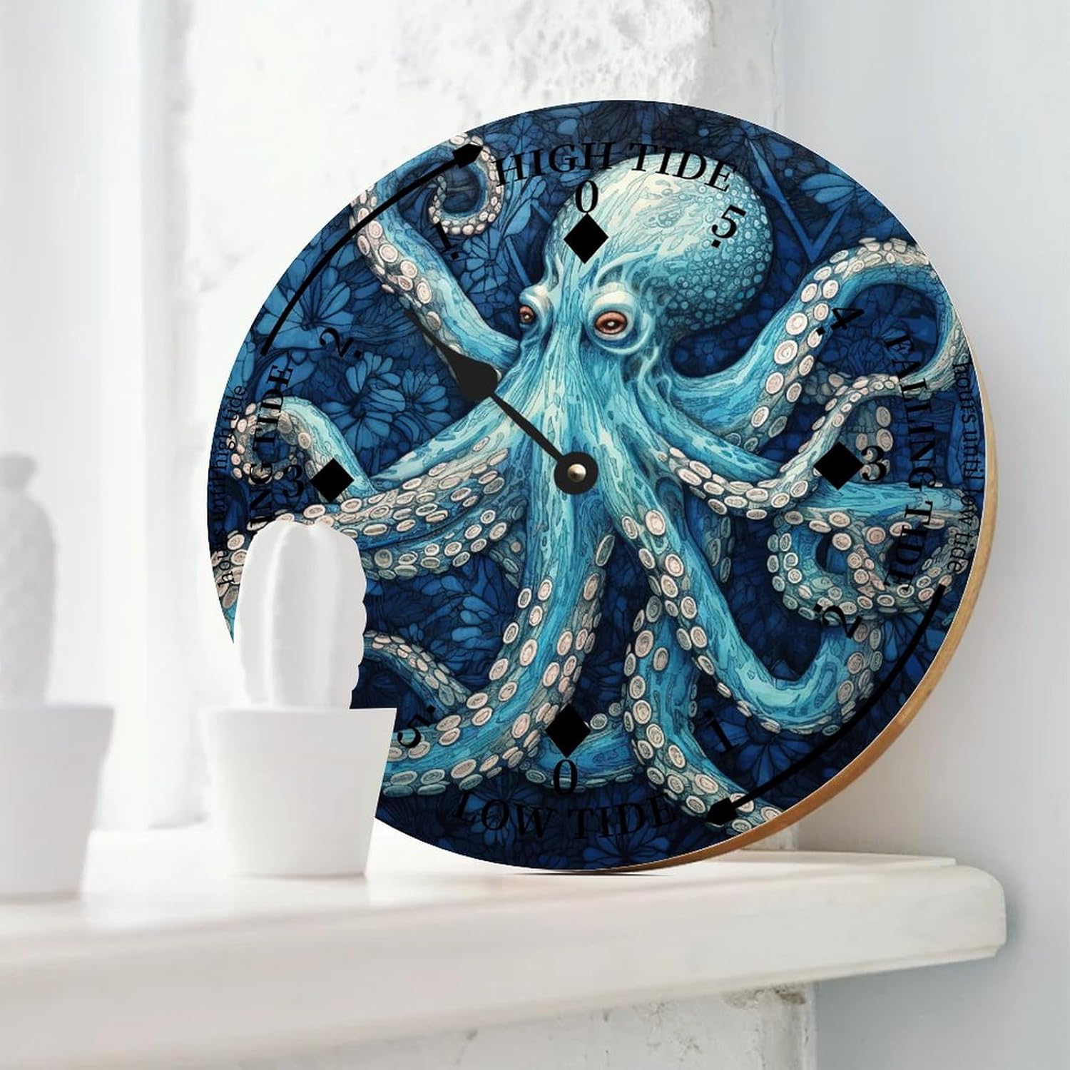 Ocean Octopus Wood Tidal Clock Ocean Time Maritime Coastal Beach High Tide Low Tide Clock Rustic Wooden Nautical Tide Movement Vintage Decor for Beach House Kitchen Wall Art 15x15 in