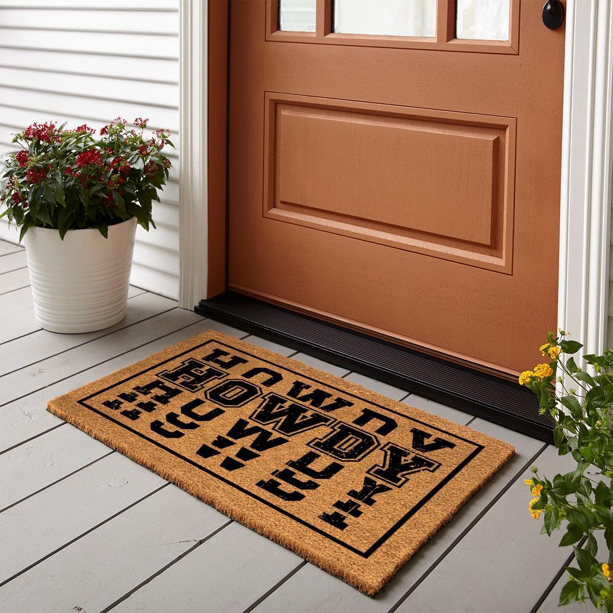Funny Coir Doormat Howdy Western Texas Cowboy Front Door Mat Entryway Outdoor Mat with Heavy Duty Front Porch Decor Welcome Mats Entry Natural Coconut Brown Mat Novelty Gift Doormat 23.7 x 15.7 inch