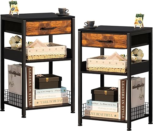 Lerliuo Juego de mesa auxiliar negra de 2 niveles con cajón de tela, estante alto de madera para impresora con estante de almacenamiento, mesita de