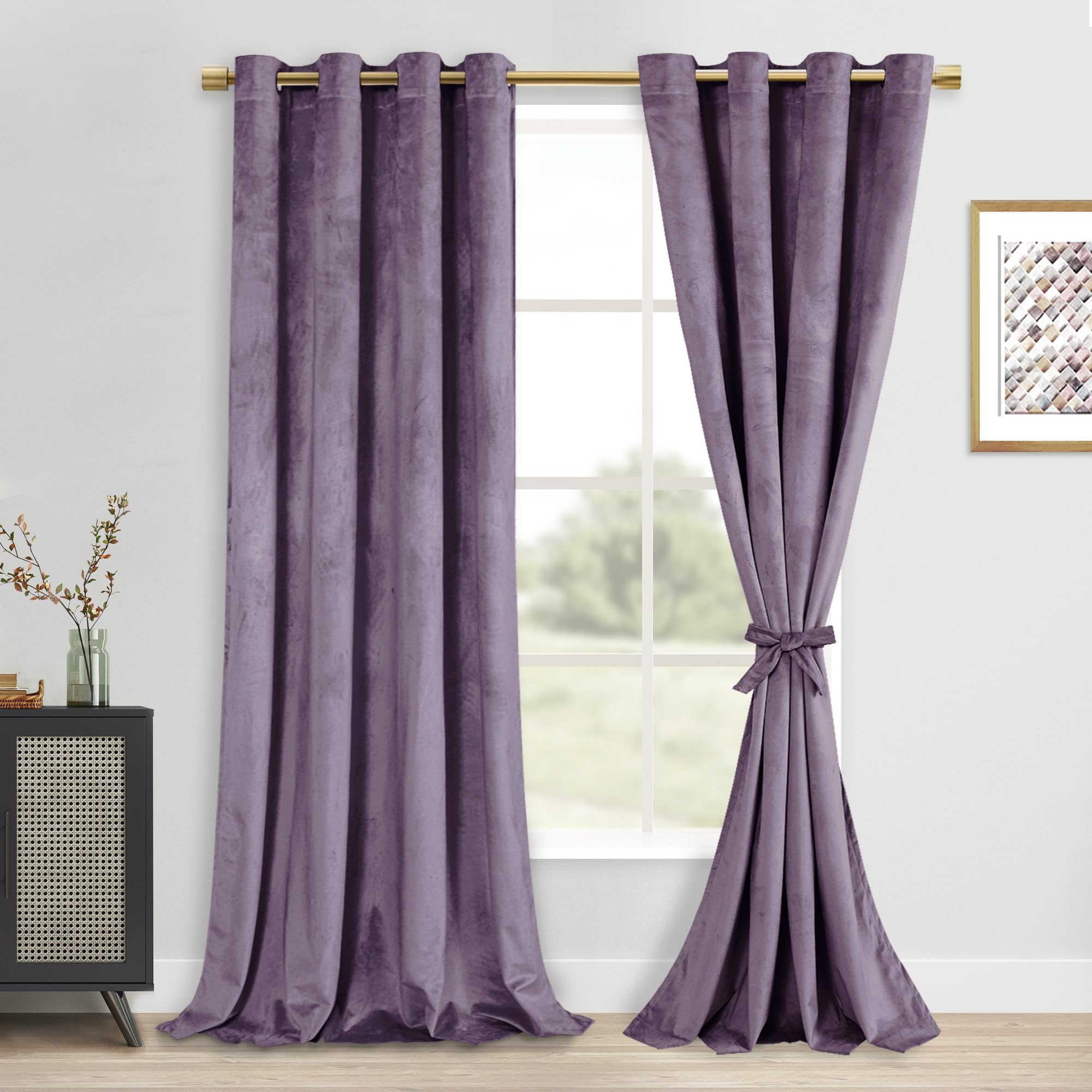 DWCN Velvet Curtains 120 Inches - Elegant Super Soft Tieable Window Curtains Panels Blackout Grommet Design Thick Fabric Window Dressing for Bedroom/Living Room, Lavender, W52 x L120, 2 Panels