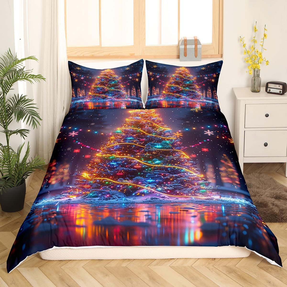 Christmas Tree Duvet Cover Set Queen Size,Snowflake Polka Dot Bedding Set Kids Boys Girls Room Decor,Merry Christmas Comforter Cover 3Pcs,Xmas Neon Style Bedspreads Cover,2 Pillowcases(NO Comforter)