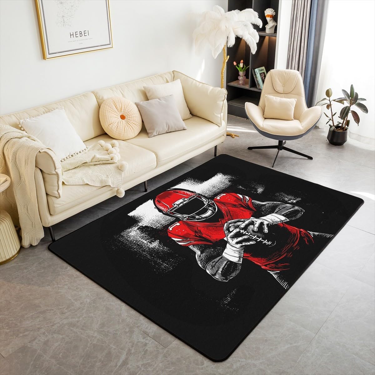 Kids Rugby Sports Living Room Rugs Area Rug 5x7 Red Black Football Indoor Floor Mat for Teens Decor Soccer Ball Game Accent Carpet American Football Player Non-Slip Soft Shaggy Absorben Microfiber