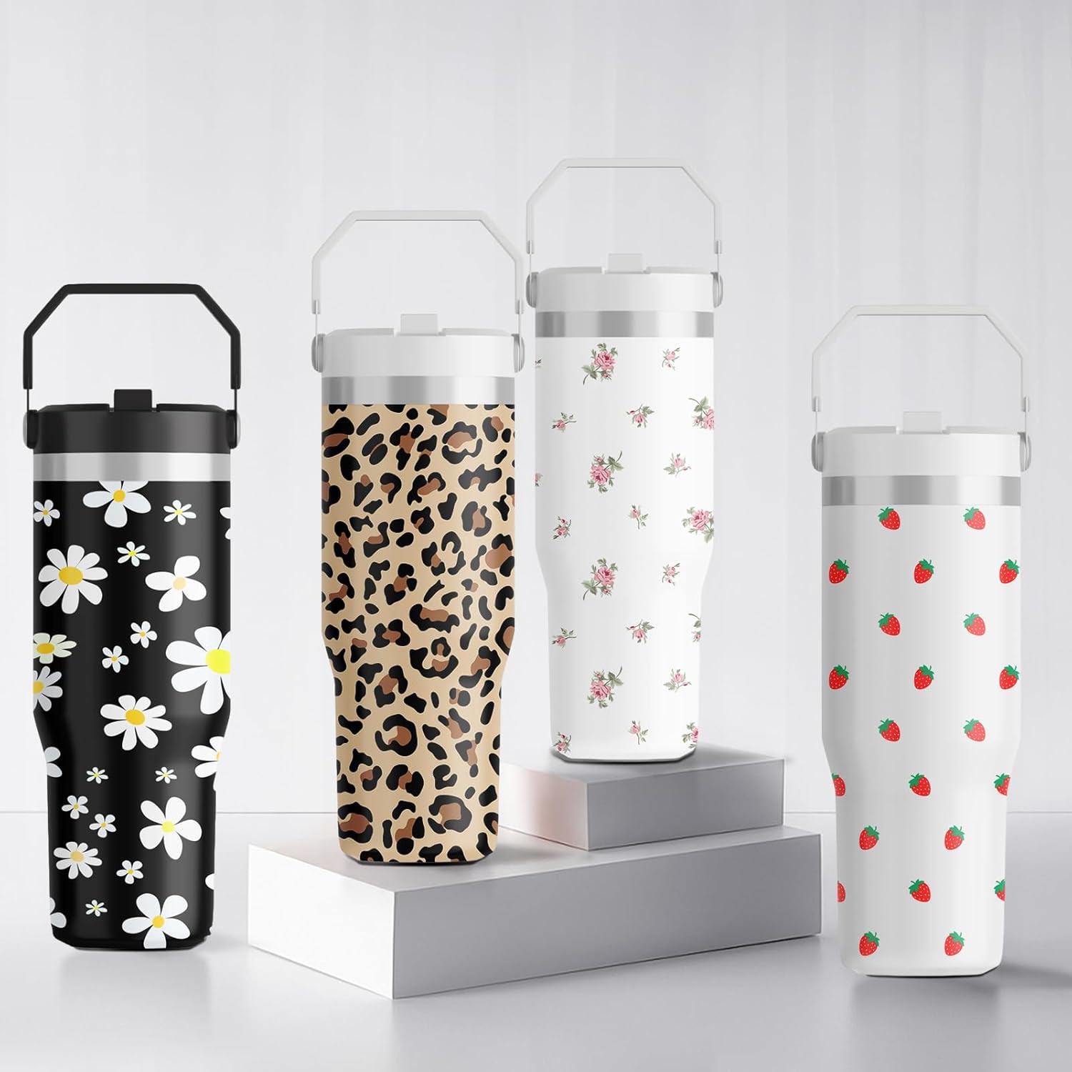 FOLAI Stainless Steel Insulated Water Bottles (4 pack), 30oz Leak Proof Sublimation Tumblers with Wide Mouth Lid, BPA Free, Sport Bottle for Gym,Travel, Running(Leopard Print+Strawberry+Floral+ Daisy)