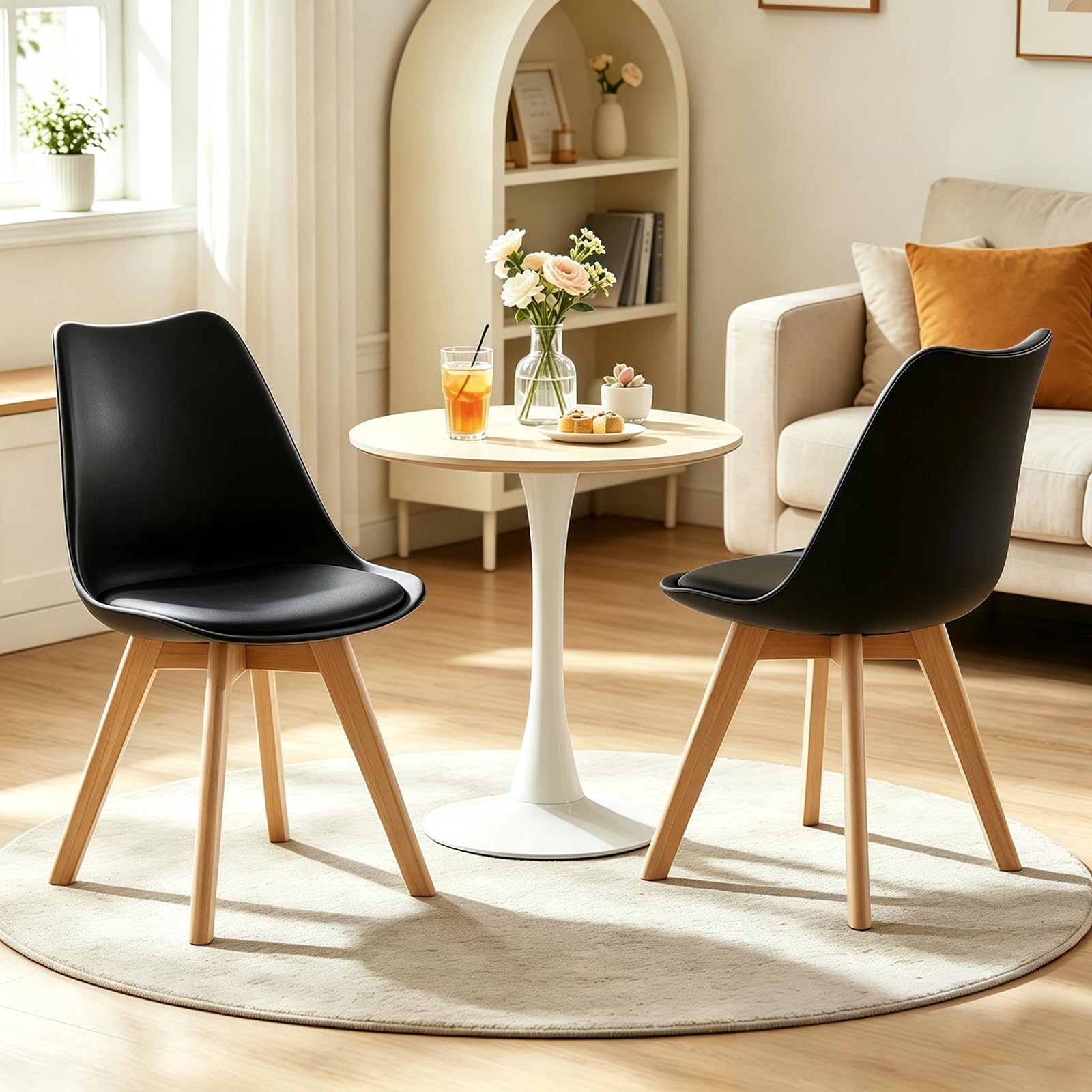 WXJHL Dining Chairs Set of 2,Mid Century Modern Dining Room Kitchen Chairs with Curved Back,Upholstered Padded Seat Accent Chairs for Dining Room,Kitchen,Living Room(BLACK)
