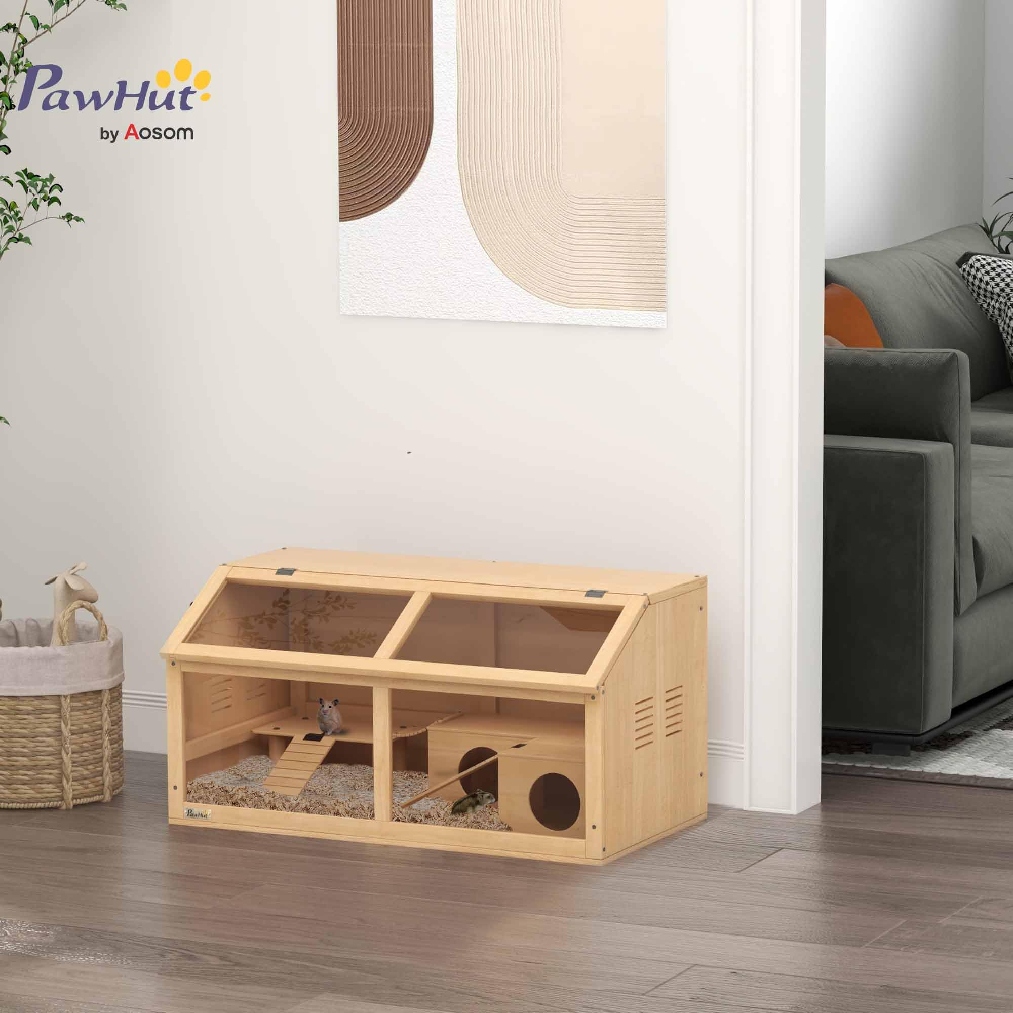PawHut Cage Hamster en Bois avec Acrylique, Habitat spacieux pour Rongeur avec Ventilation, Accessoires et Couvercle ouvrant, Terrarium pour gerbilles et Souris, Effet Bois Naturel, 85x45x44cm