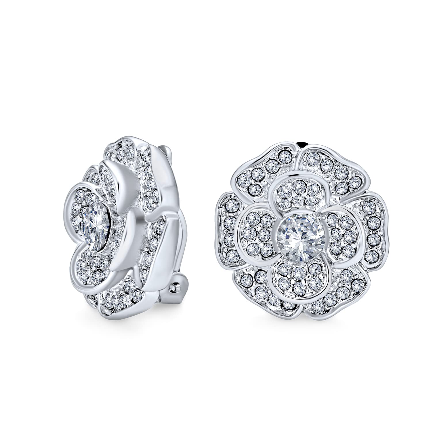 Elegante Nuziale Cubic Zirconia Pave CZ 3D Fiore Rosa Clip On Orecchini Per Donne Madre Matrimonio Prom Festa Formale Non Forato Orecchie Argento Placcato