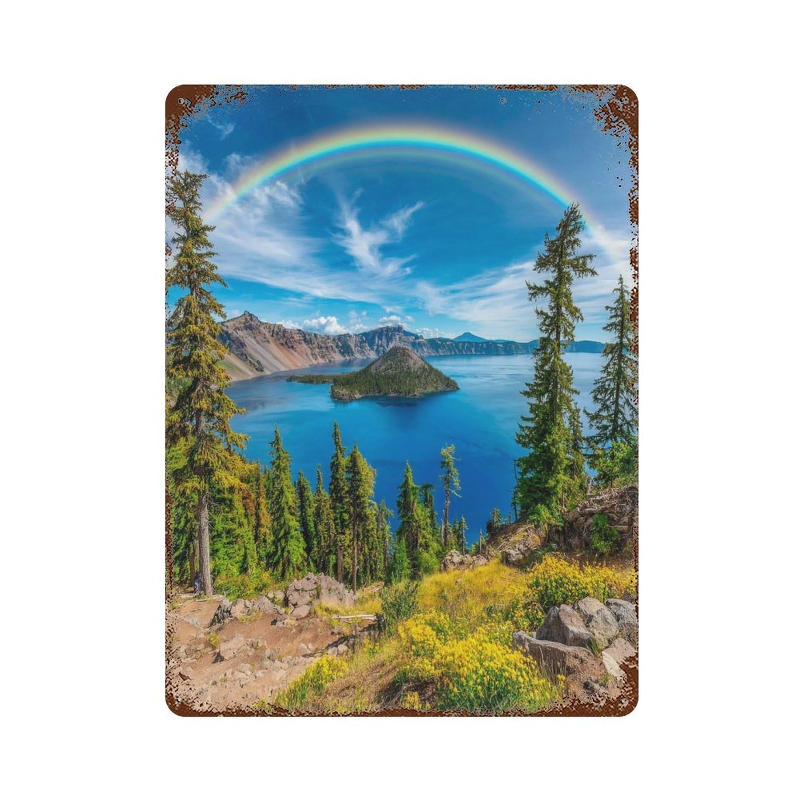 Rainbow Over Crater Lake National Park Rust Effect Tin Sign 15.7"x11.8", Vintage Wall Decor for Garage, Pub Or Kitchen