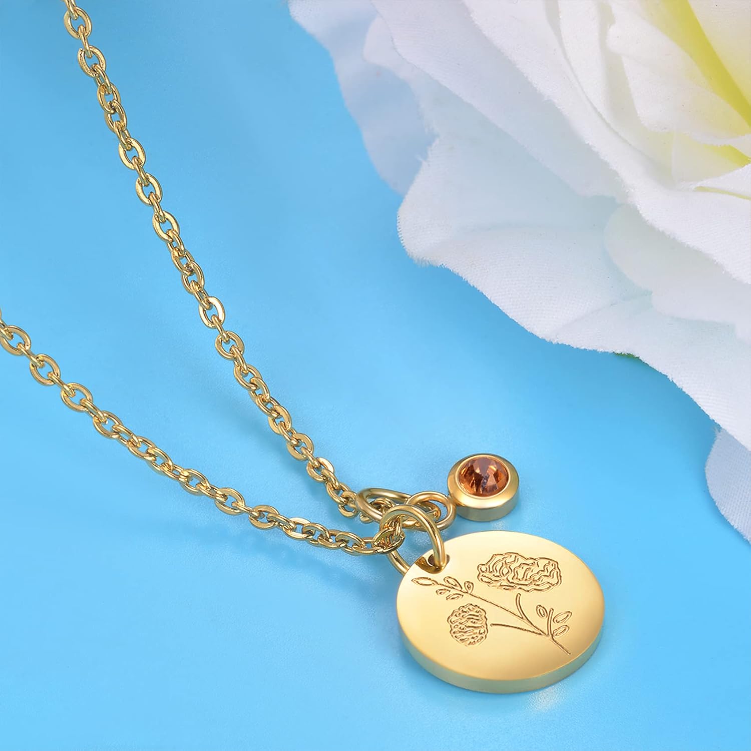 CERSLIMO Birthday Gifts for Her Birth Flower Necklaces, 18K Gold Plated Dainty Birth Month Floral Birthstone Disc Coin Pendant Necklaces | Women Wildflower Jewelry Gifts for Valentines Anniversary - Image 4