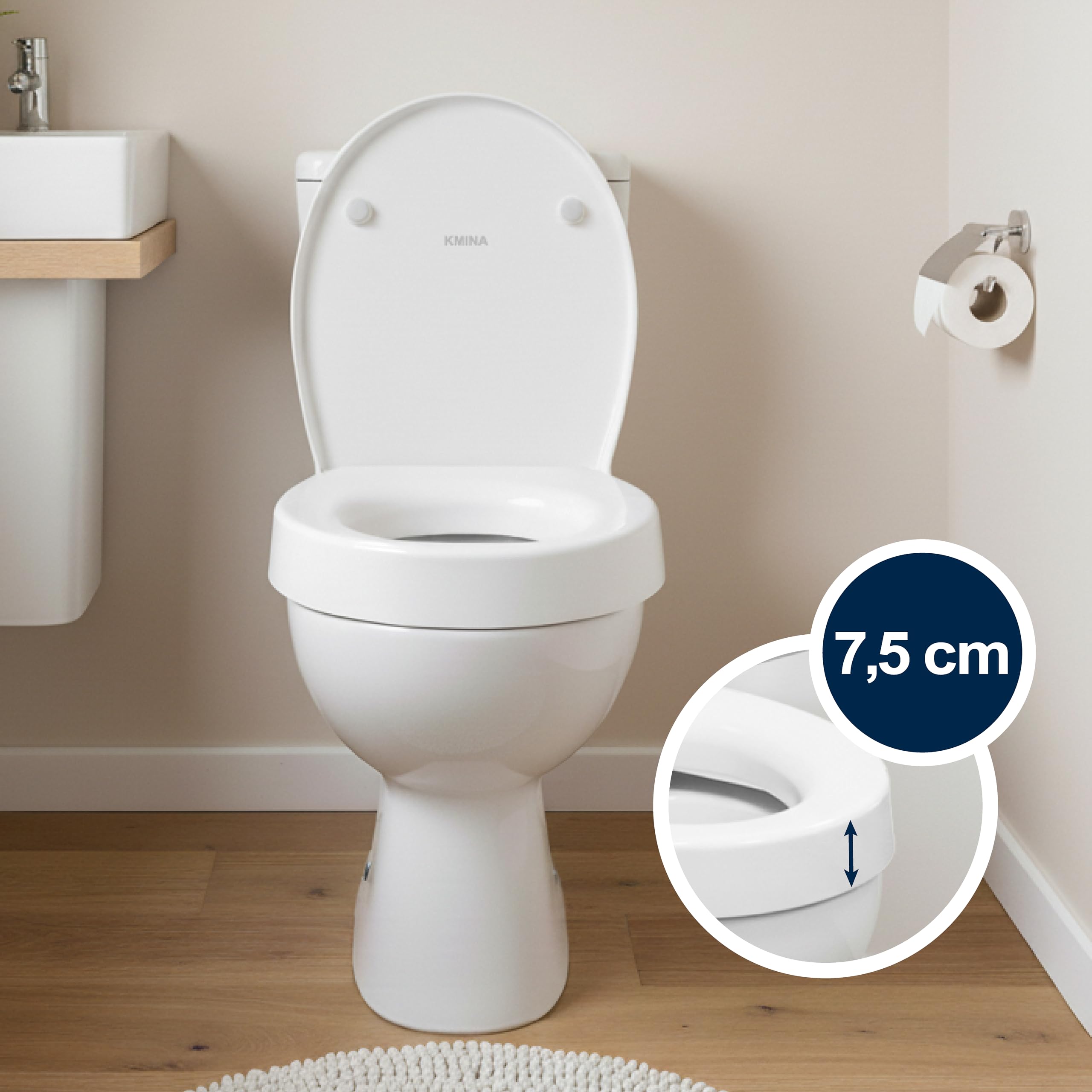 KMINA Rialzo WC per Anziani (Altezza 7,5 cm) con Copriwater a Chiusura Ammortizzata, Compatibile con WC Ovali Standard, Materiale Duroplast, Fissaggio Posteriore, Bianco