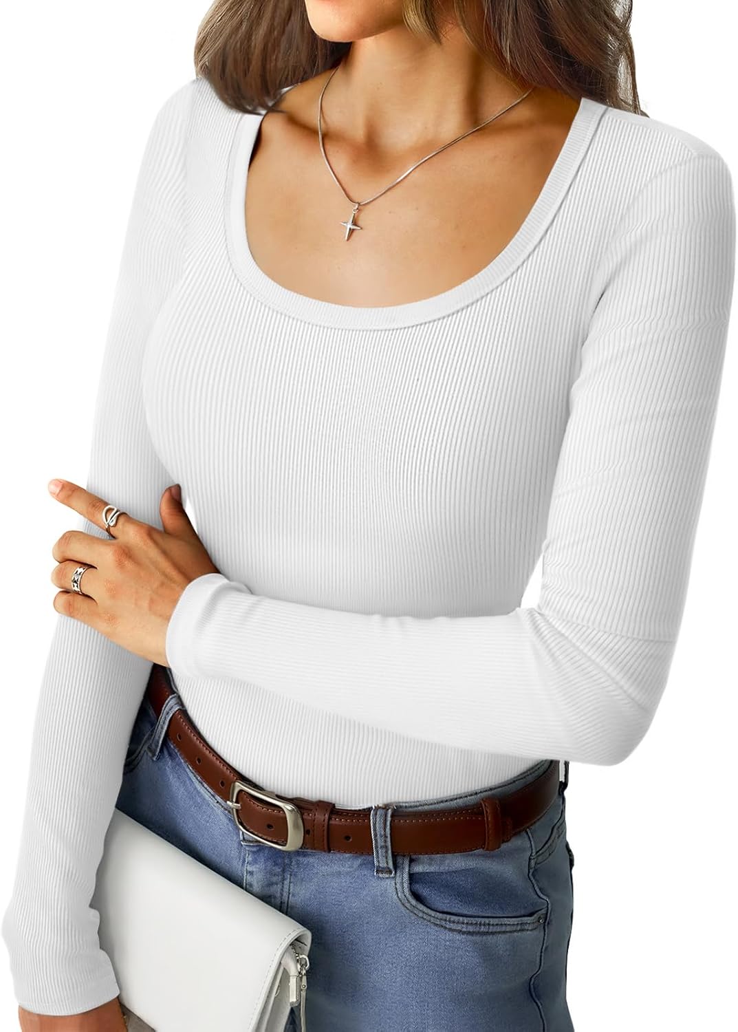 GKBK Women's Long Sleeve Tops Scoop Neck Ribbed Knit Slim Fitted Shirts Casual Basic Tee Shirts Lightweight Fall Sweaters 2025 Fashion Trendy Outfits White
