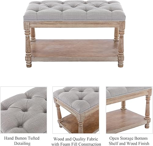 Miniatura 3 de DUOMAY Farmhouse - Banco otomano de almacenamiento con estante, 31.5 pulgadas de ancho, taburete otomano tapizado de lino para dormitorio, sala de