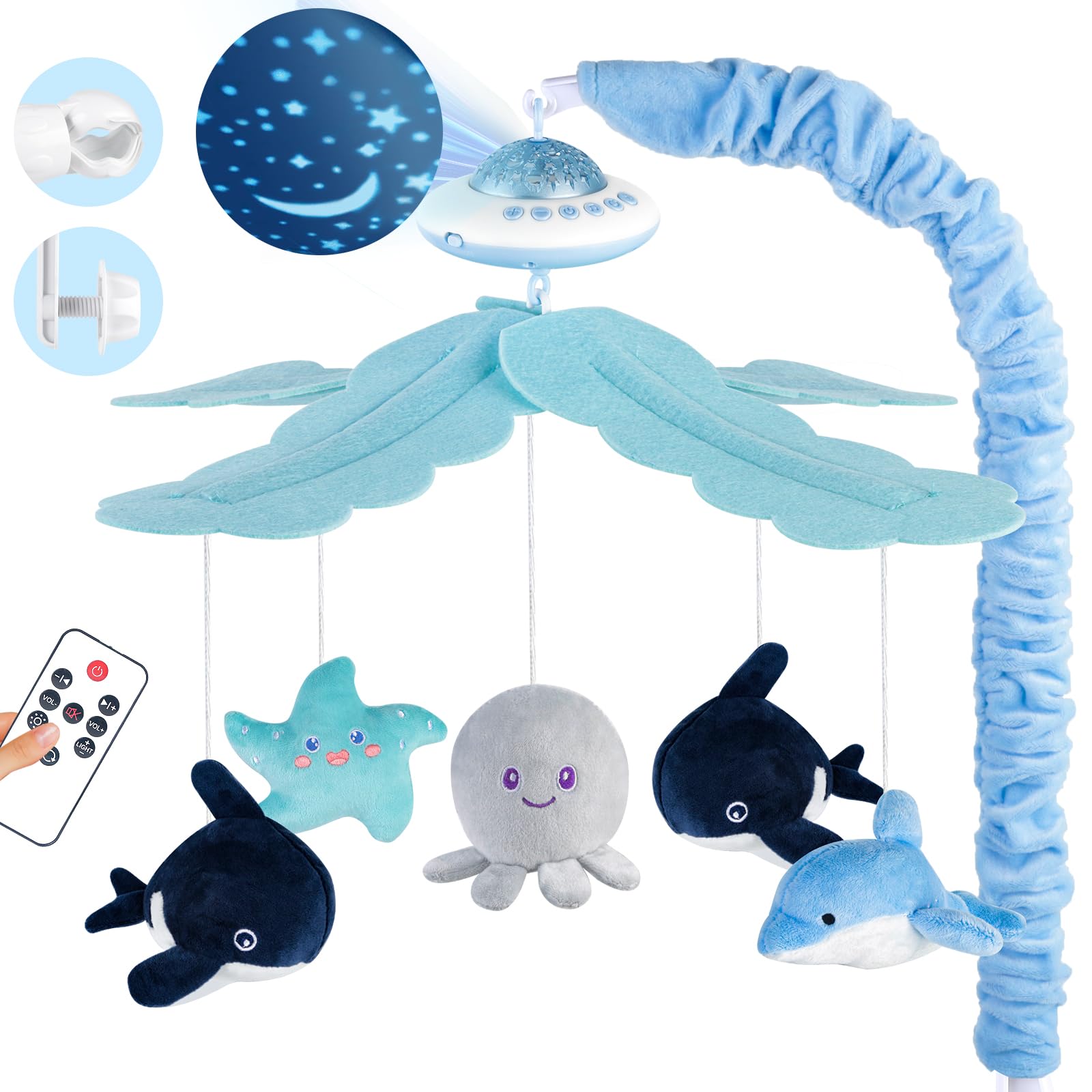 VZO Baby Cot Mobile, Crib Mobile with Music and Projection, Musical Cot Mobiles for Babies, Baby Nursery Cot Mobile Decor Blue