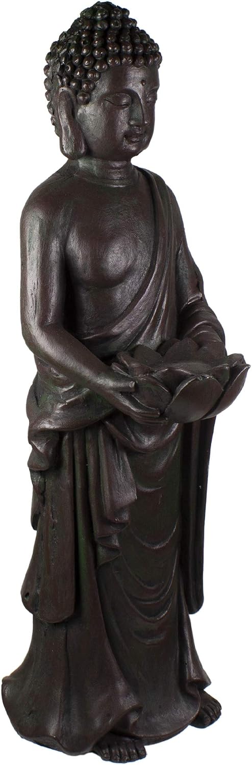 19.5" Gray Standing Buddha with Lotus Outdoor Garden Statue