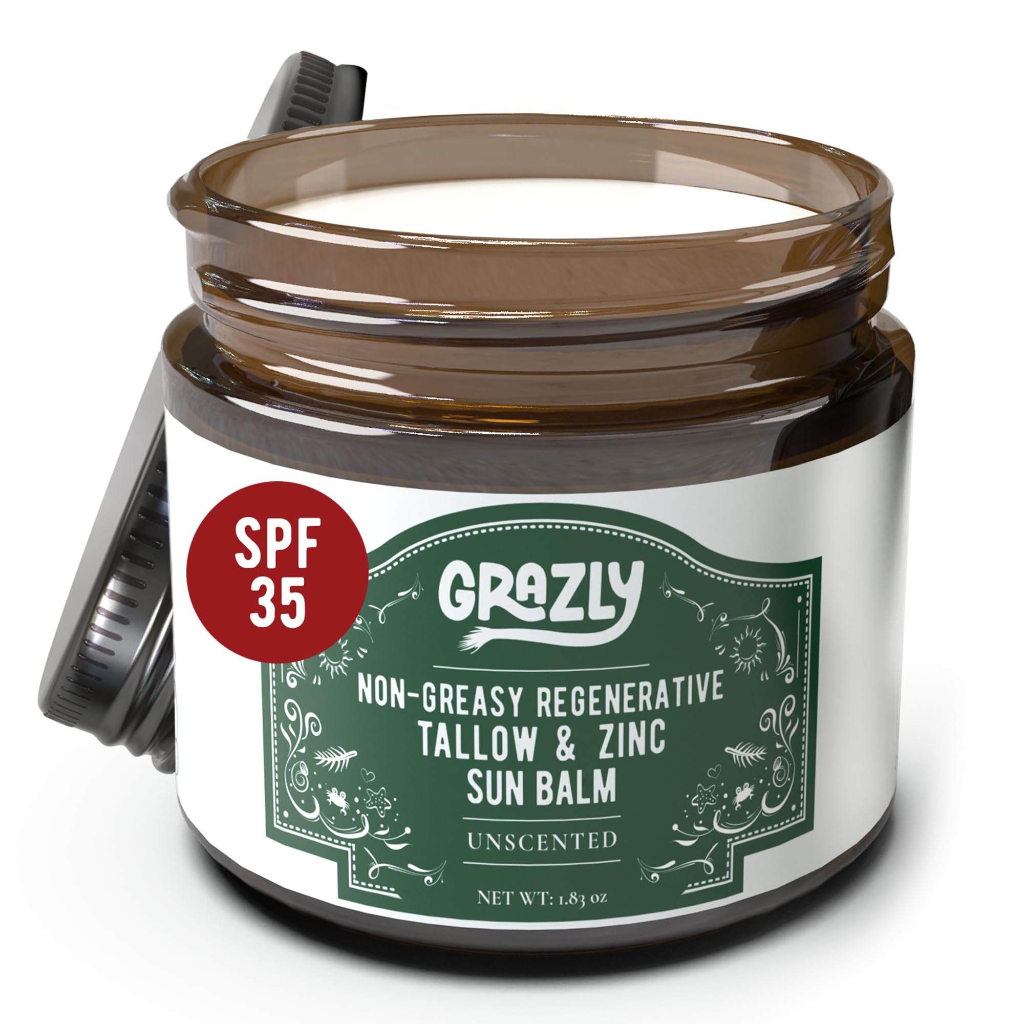 Grazly Beef Tallow Sunscreen SPF 35 – Unscented Water Resistant Zinc Sun Balm, Non-Greasy Natural Sunscreen for Face & Body – 4 Natural Ingredients: