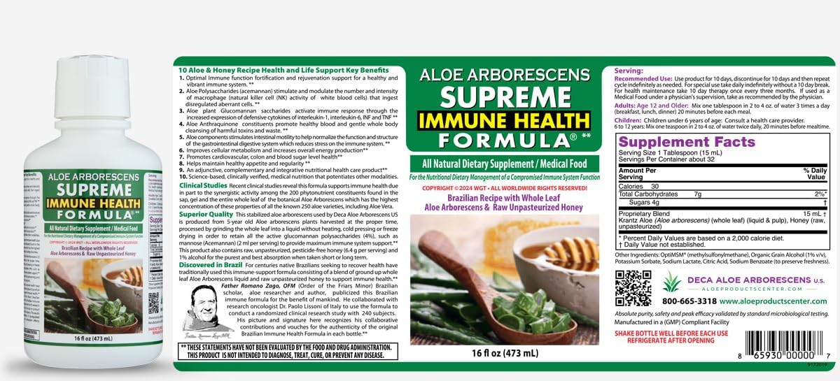Deca Aloe – Father Zago’s Supreme Immune Health Formula – Aloe Arborescens Juice with Raw Unpasteurized Honey – Immune System Support – 16 oz Bottles – Pack of 4