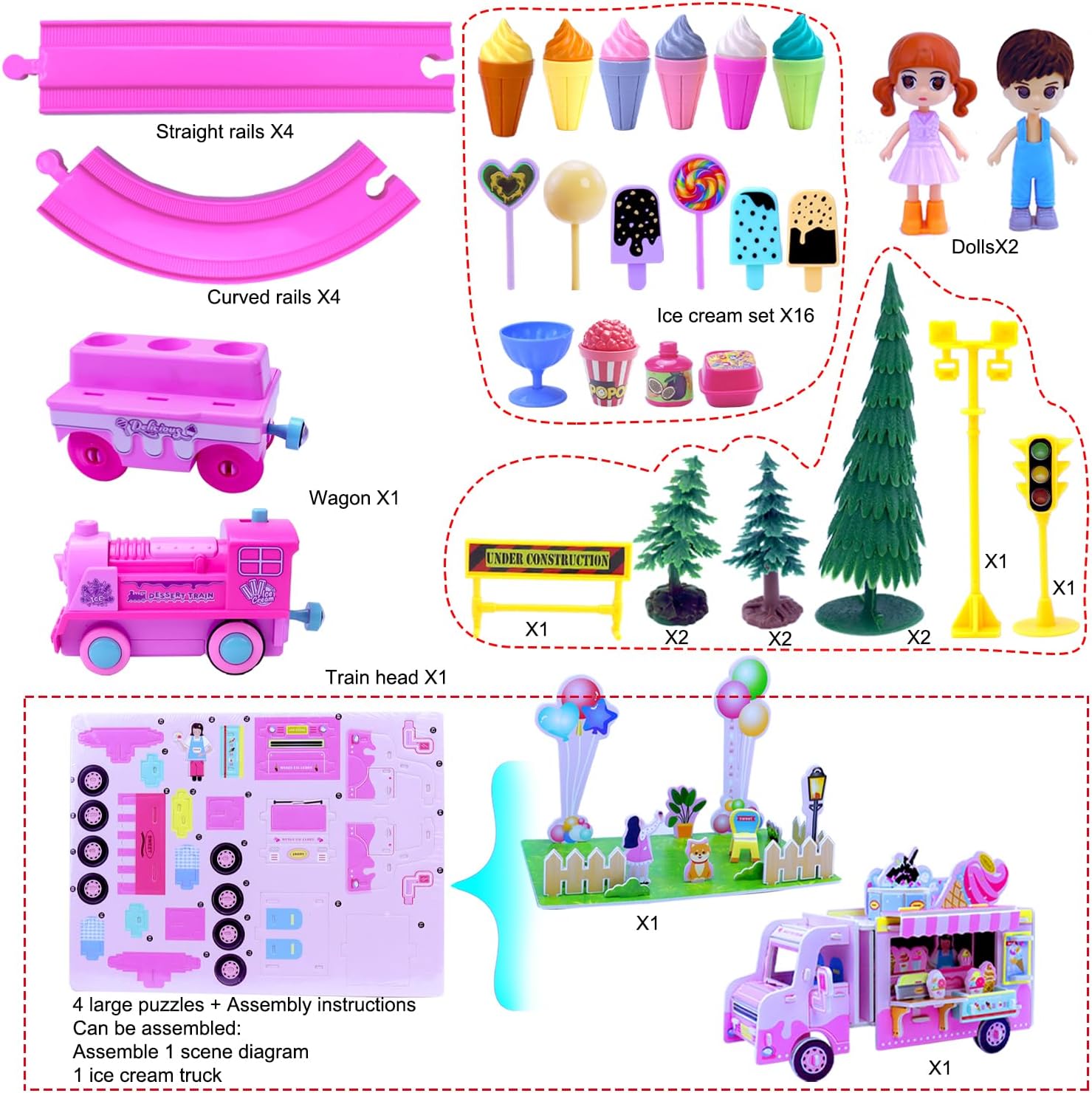 Pink Classic Train Sets for Toddlers|Musical Electric Train Toys with DIY Ice Cream Truck 3D Foam Puzzles Party Scene Building Kit for Girls Boys 3-5 Years Old Parent-Child Interaction Birthday Gift-A