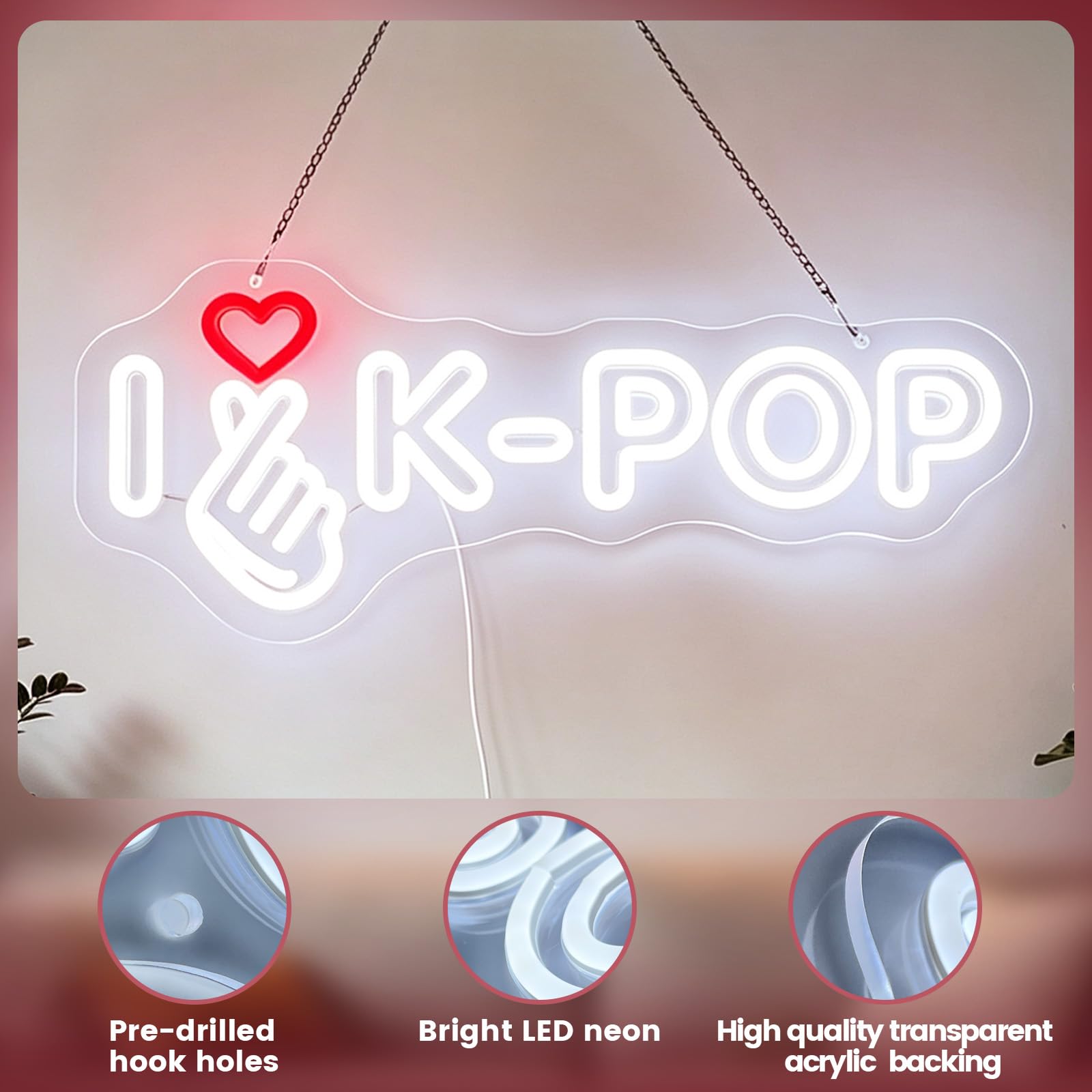 I Love Kpop Insegna al neon per decorazione da parete, luce notturna a LED dimmerabile, alimentata tramite USB, a tema Kpop, per camera da letto, sala giochi, feste, regali per fan ragazze