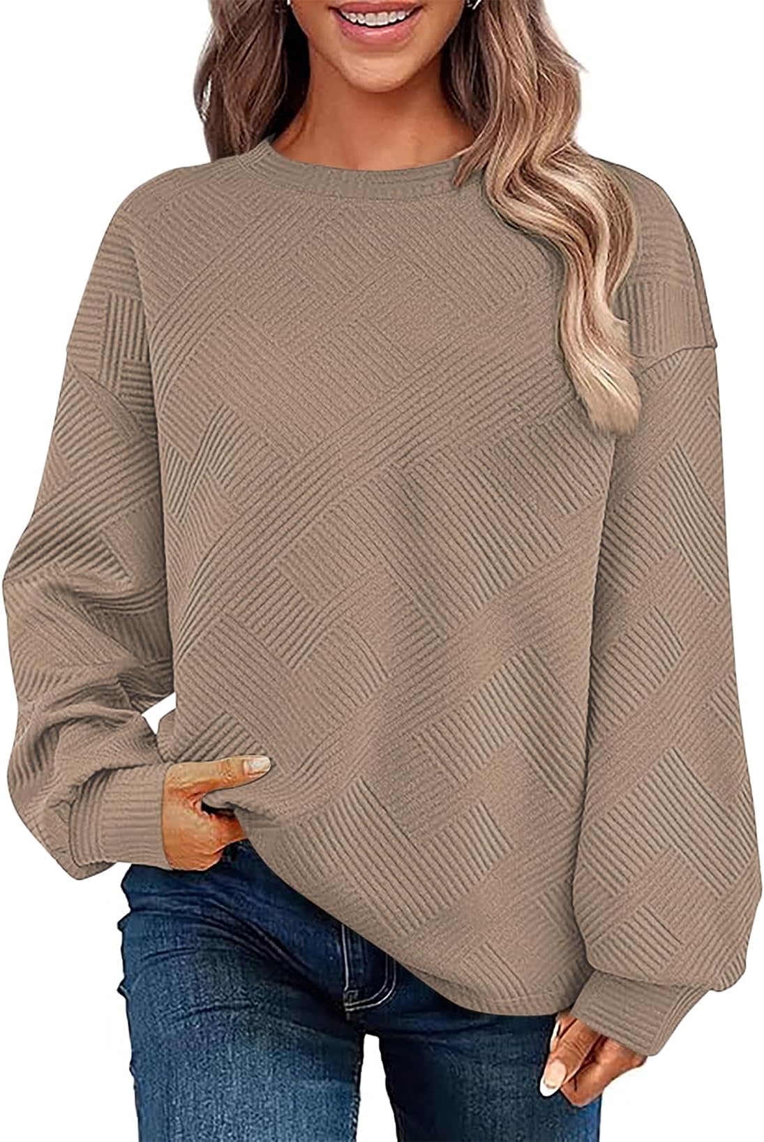 SHEWIN Womens Spring Fashion 2025 Long Sleeve Shirts Crewneck Loose Textured Tunic Tops With Pockets
