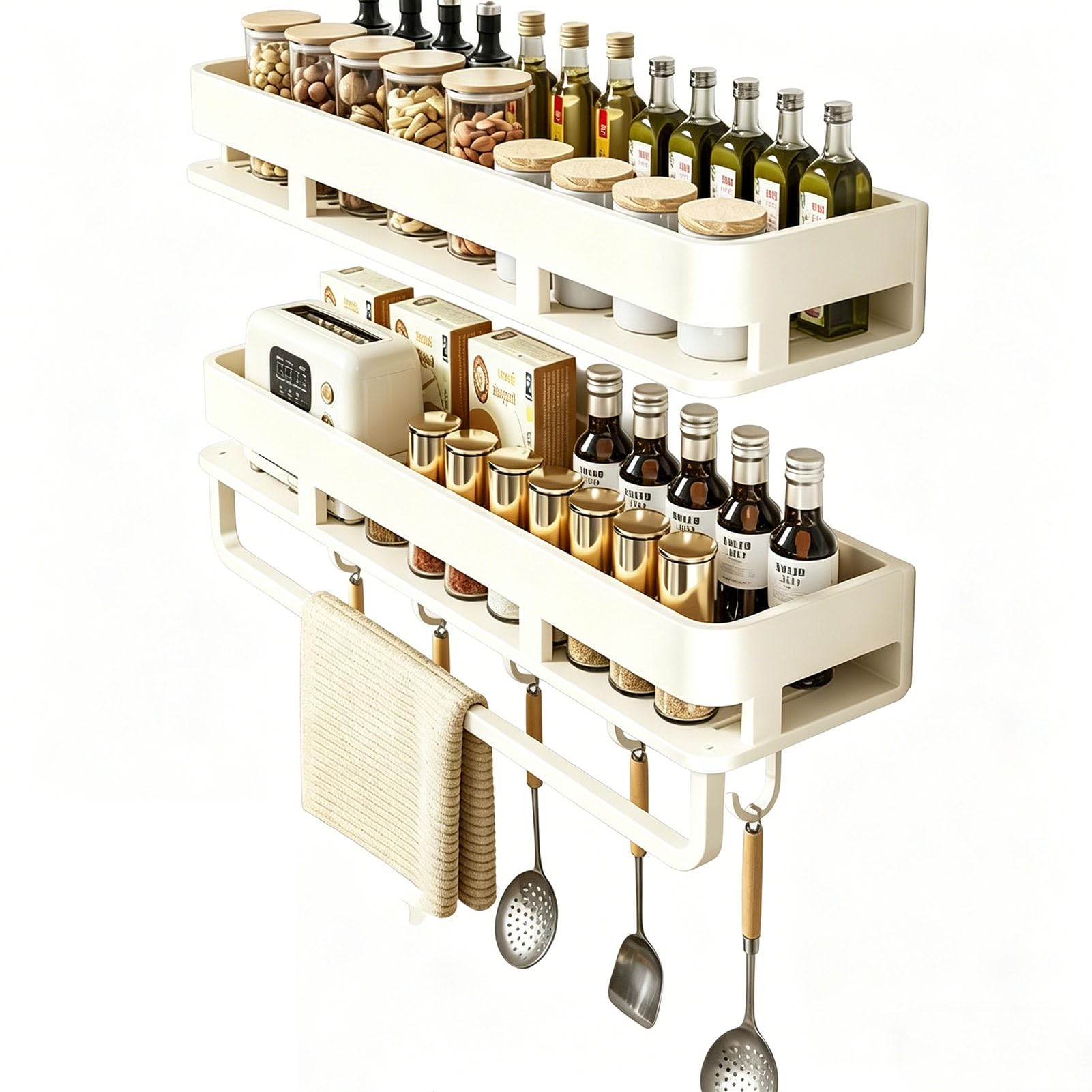 Organizador de Especias 2 Piezas con Base de Malla - Estante para Pared Sin Taladrar para Accesorios de Cocina, Armario o Baño Metal Resistente al Óxido,Blanca,50cm