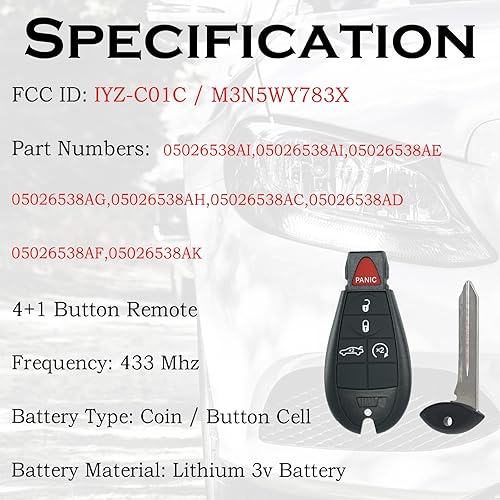 Miniatura 3 de Llavero remoto FOBIK de repuesto para Dodge Challenger 2008 2009 2010 2011 2012 2013 2014 Cargador 2009-2013 Durango 2009-2013 Chrysler 300 IYZ-C01C