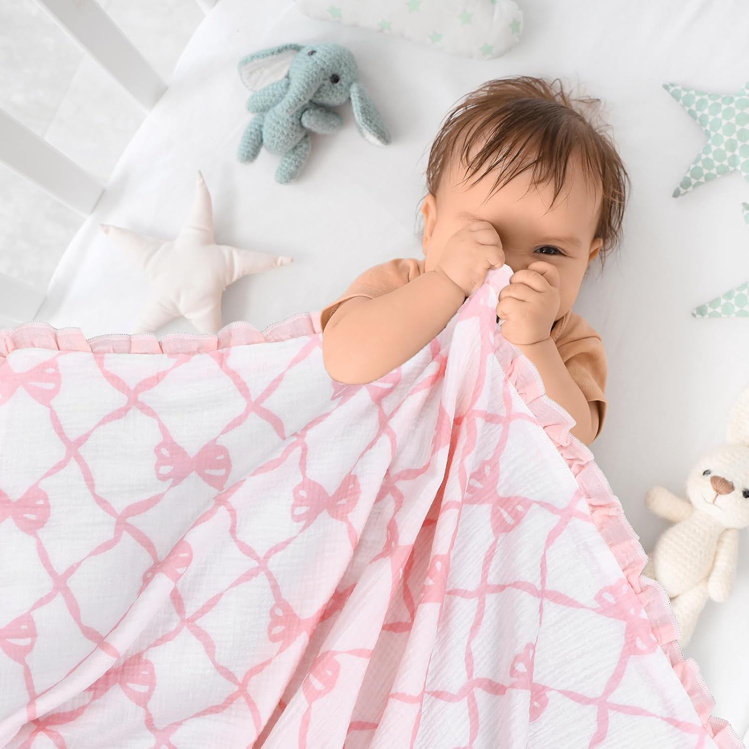 Oudain Pink Bow Flounce Muslin Baby Blankets, Lace Cotton Crib Blanket for Baby Infant Toddler, Soft and Lightweight Nursery Blankets 40"x35" - Image 4