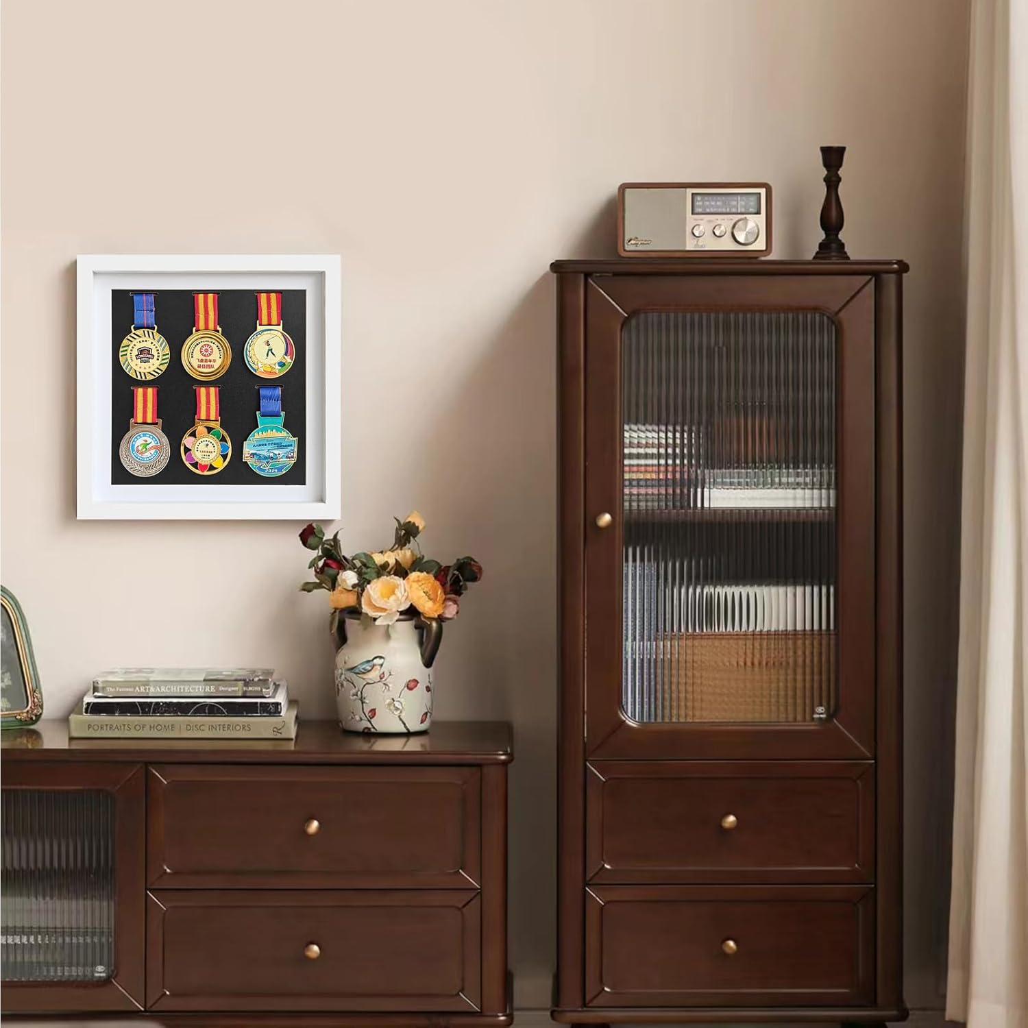 Medal Display Box, Shadow Box for Medals, 6 Medal Display Frame, Wooden Medal Display case- for Medals, Bibs & Sports Medals, Military Medals, Dark Framed Picture Frame Display, (White, 12*12 Inch).