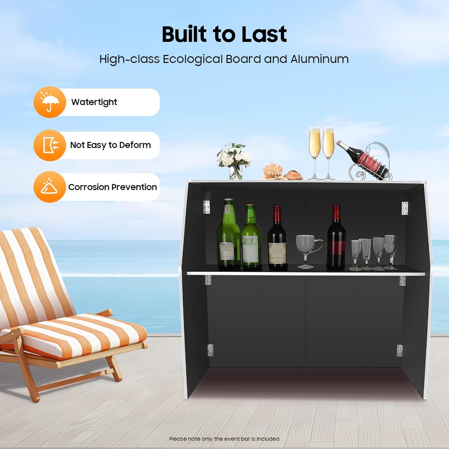 Folding Portable Event Bar with Top and Middle Shelves, 4' Foldable Bartender Table Cabinet Station, Mobile Laminate Foldable Bar for Parties and Events, Black (Black and White)