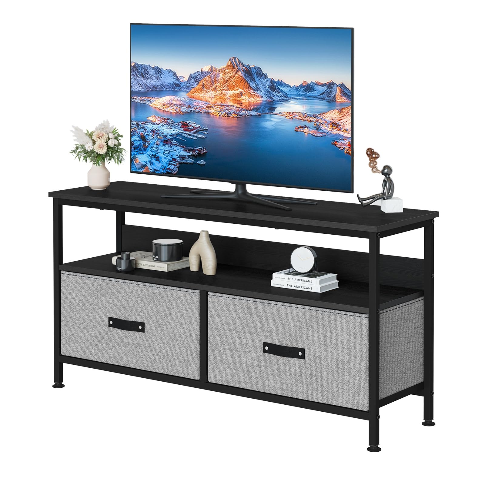 Schmales TV-Lowboard für Fernseher bis 50 Zoll，Media Konsole im Kommoden-Design mit Stauraum, Schubladen & offenen Ablagen, Entertainment Center für Wohn-/Schlafzimmer, Schwarz (Black woodblock print)