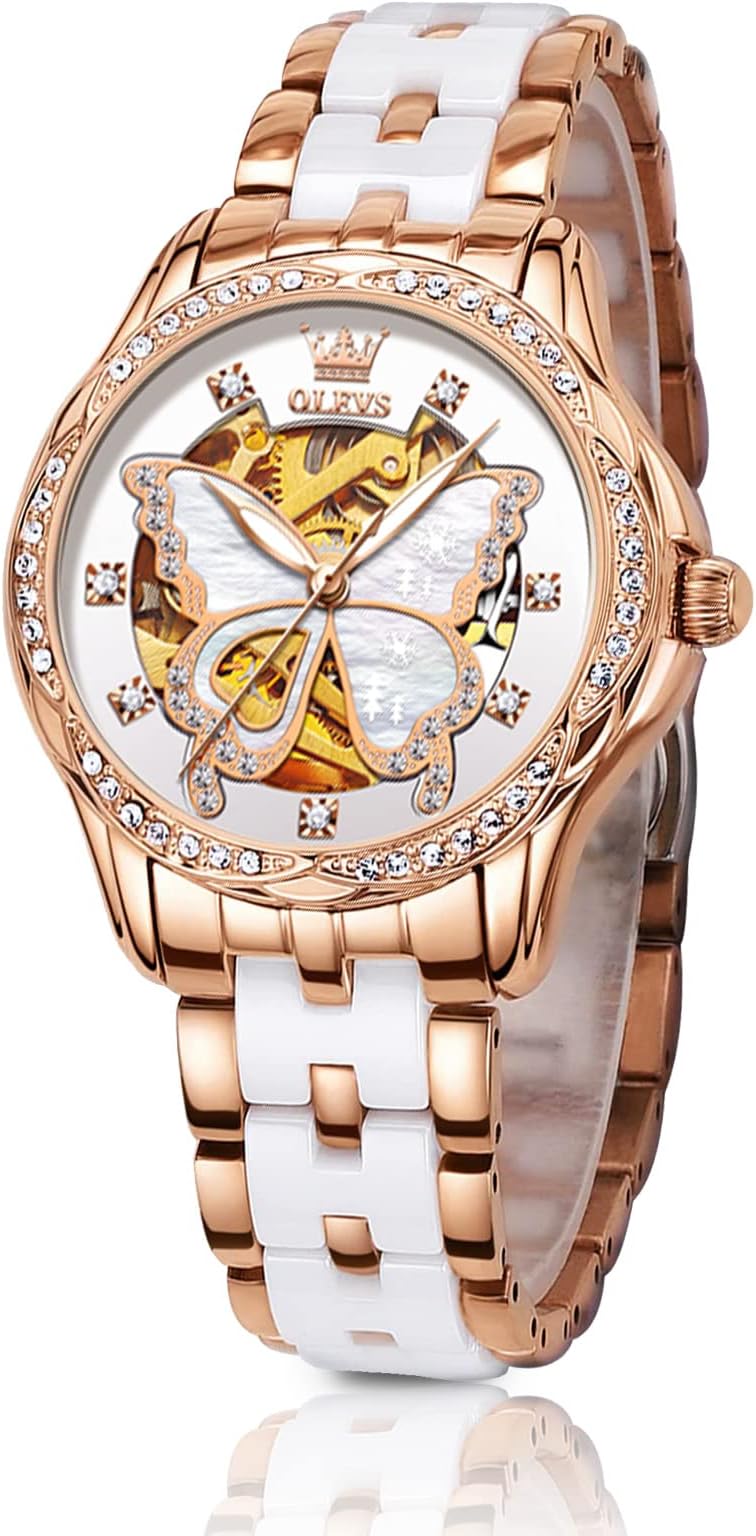 OLEVS Women's Automatic Watch, Rose Gold Ceramic Strap Ladies Dress Watch, Self Winding Waterproof Women Diamond Watch, Luminous Date Ladies Analog Watch