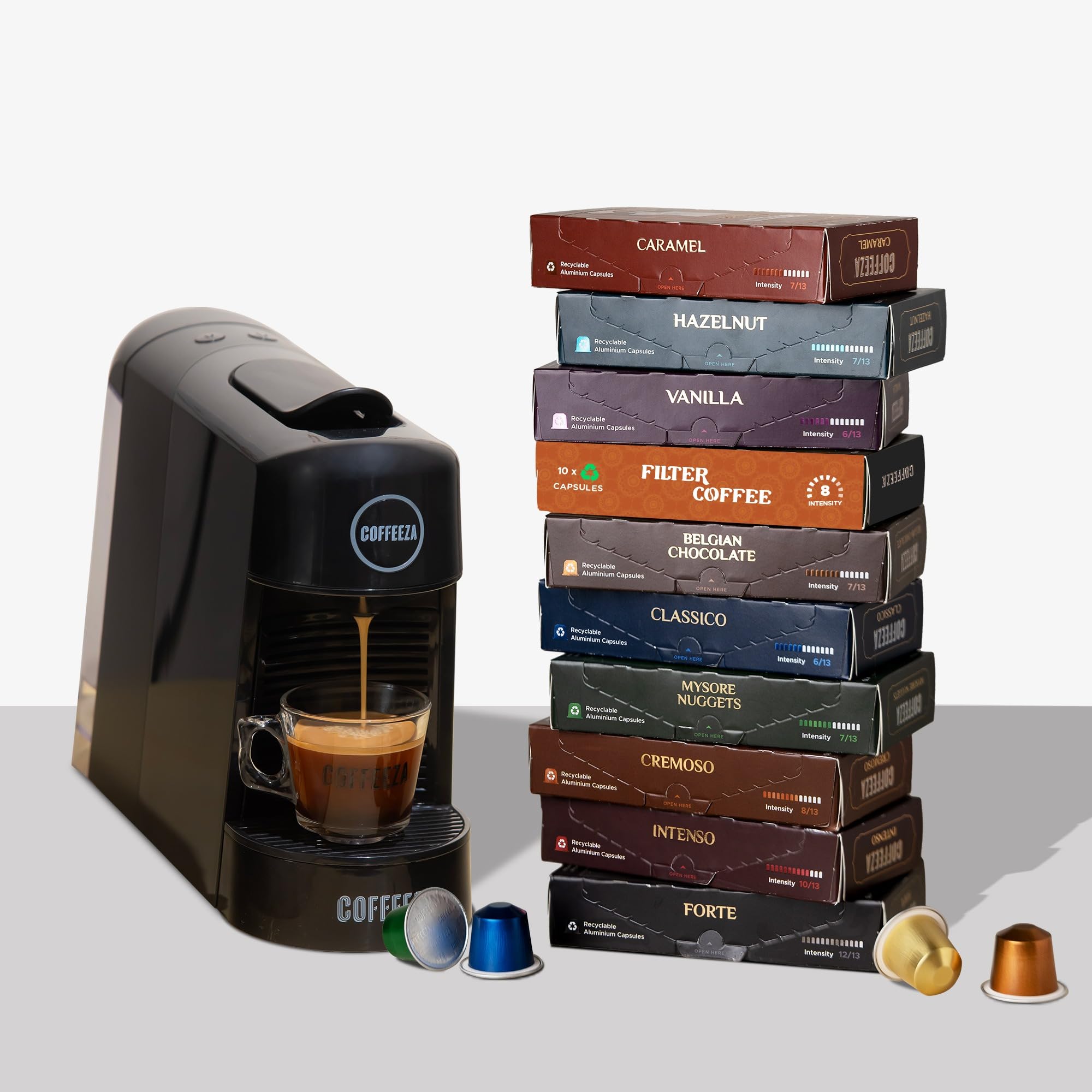 Coffeeza Finero Next Capsule Coffee Machine (Black) + Variety Pack of 10 Blends (100 Capsules) – 20 Bar Pressure, Original Line Compatible – Ideal Gift for Coffee Lovers