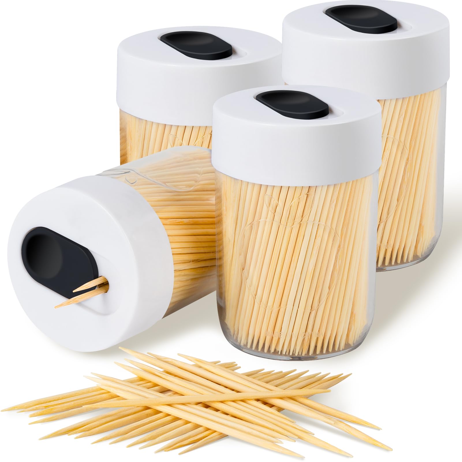 Urbanstrive Sturdy Safe Toothpick Holder with Natural Wood Toothpicks for Teeth Cleaning, Unique Home Design Decoration, Unusual Gift (4, White)