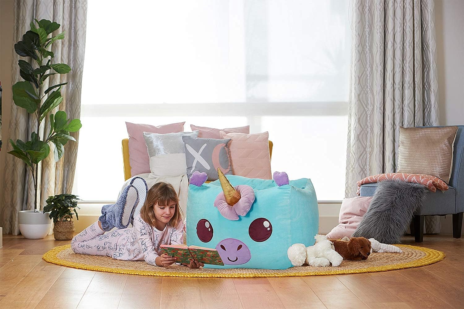 Aubliss Unicorn Stuffed Animal Storage Bean Bag Chair for Kids, Velvet Extra Soft Beanbag Chairs Cover, X-Large Stuffable Zipper Bean Bag for Organizing Plush Toys Girls Bedroom Decor, Cyan