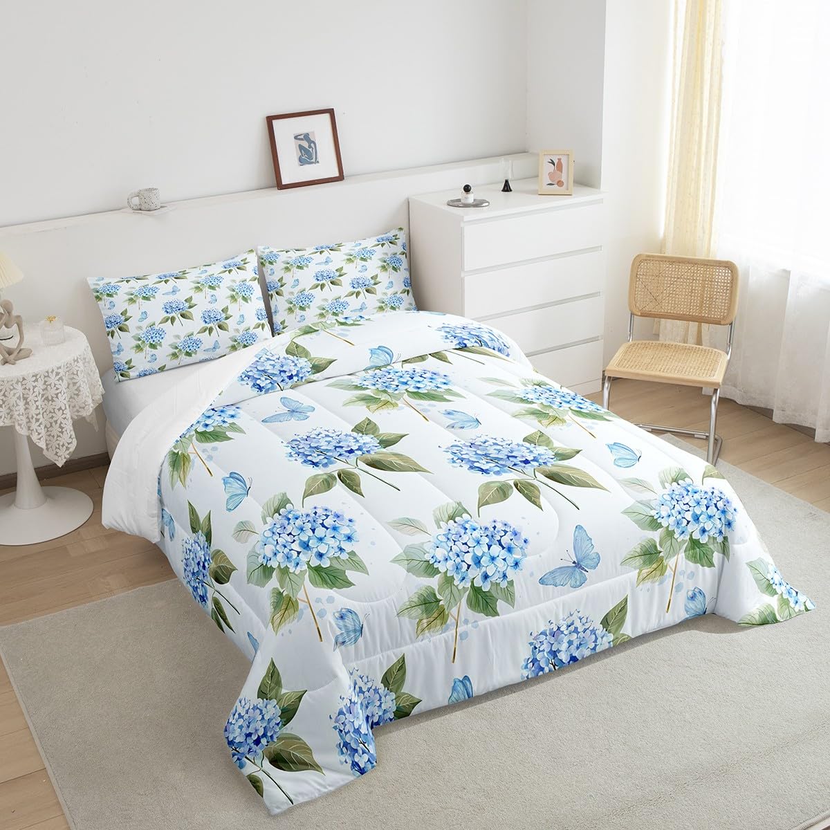Erosebridal Blue Hydrangea Queen Bedspread Set - Floral Quilt With 2 Pillowcases, Boho Bedroom Decor