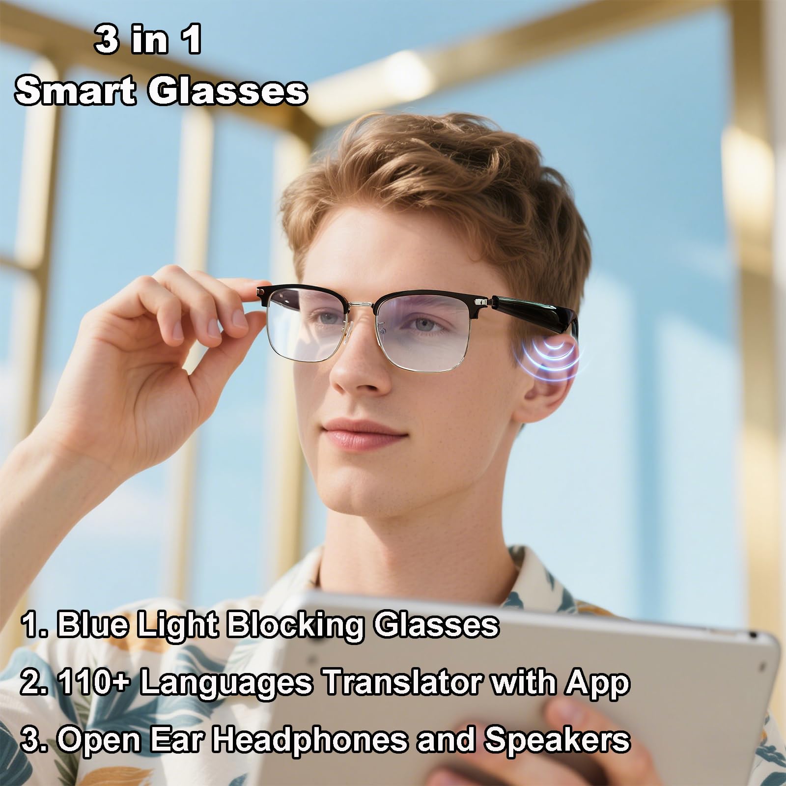 Lunettes de traduction intelligentes avec AI, lunettes Bluetooth pour homme, audio HD, traducteur en temps réel, assistant vocal, musique/appels mains libres (noir)