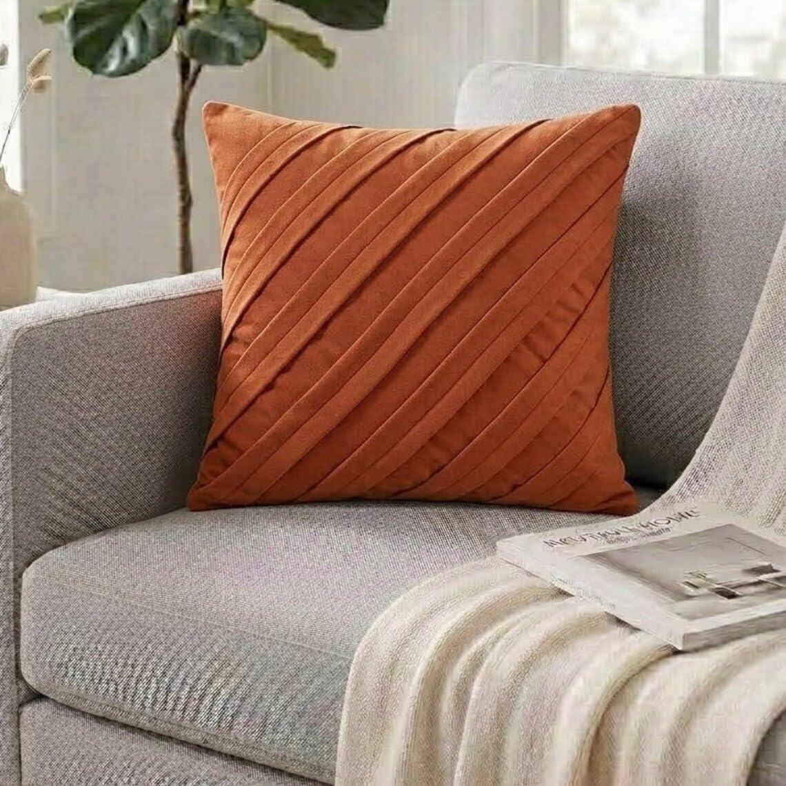 The HomeCentric Decorative Pillow Covers, Decorative Rust Pillow Covers 16x16 inch (40x40 cm) Suede Cushion Cover for Sofa, Striped, Pintucks, Textured, Contemporary Designer - Contemporary Rust
